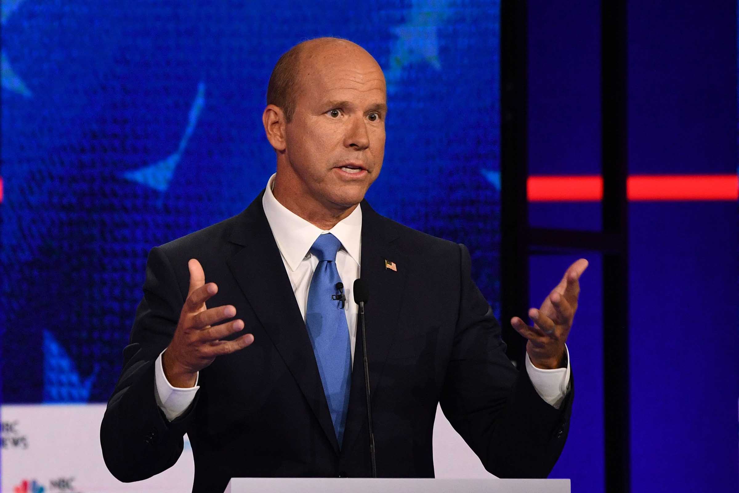 Democratic presidential hopeful former US Representative for Maryland's 6th congressional district John Delaney gestures as he speaks during the first Democratic primary debate of the 2020 presidential campaign season hosted by NBC News at the Adrienne Arsht Center for the Performing Arts in Miami, Florida, June 26, 2019. (Jim Watson—AFP/Getty Images)