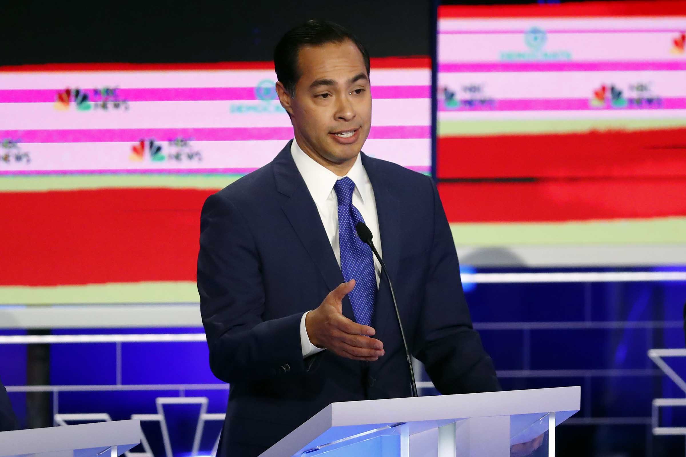 Democratic presidential candidate former Housing and Urban Development Secretary Julian Castro speaks during a Democratic primary debate hosted by NBC News at the Adrienne Arsht Center for the Performing Art, Wednesday, June 26, 2019, in Miami. (Wilfredo Lee—AP)