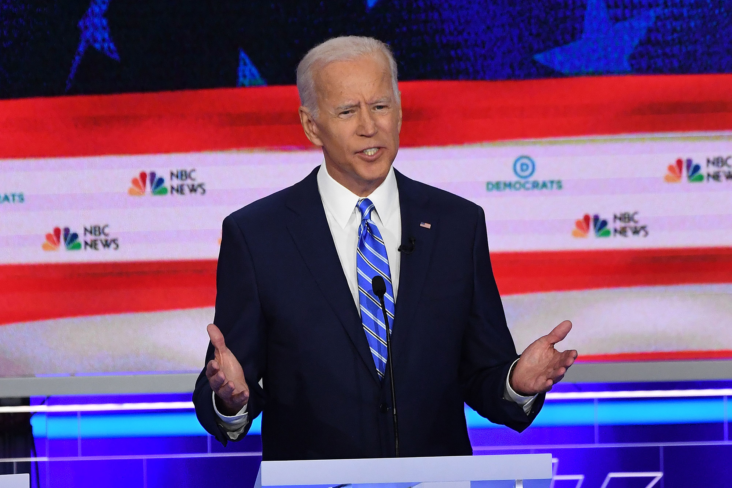 emocratic presidential hopeful former US Vice President Joseph R. Biden speaks during the second Democratic primary debate of the 2020 presidential campaign season hosted by NBC News at the Adrienne Arsht Center for the Performing Arts in Miami, Florida, June 27, 2019. (Saul Loeb—FP/Getty Images D)