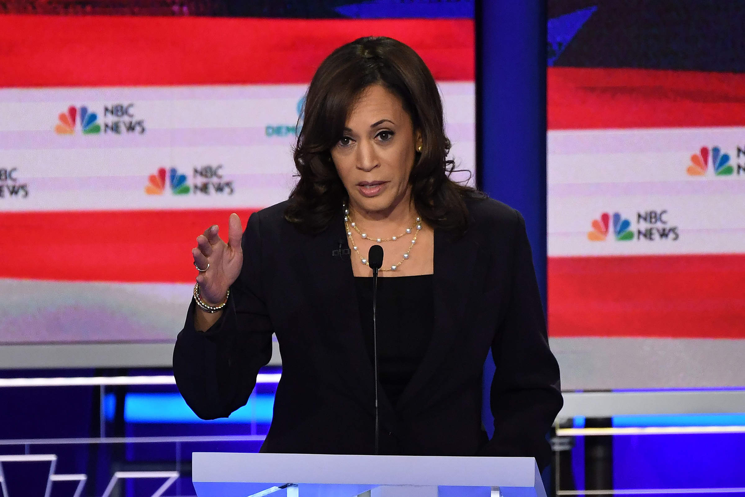 Democratic presidential hopeful US Senator for California Kamala Harris speaks during the second Democratic primary debate of the 2020 presidential campaign season hosted by NBC News at the Adrienne Arsht Center for the Performing Arts in Miami, Florida, June 27, 2019. (Saul Loeb—AFP/Getty Images)