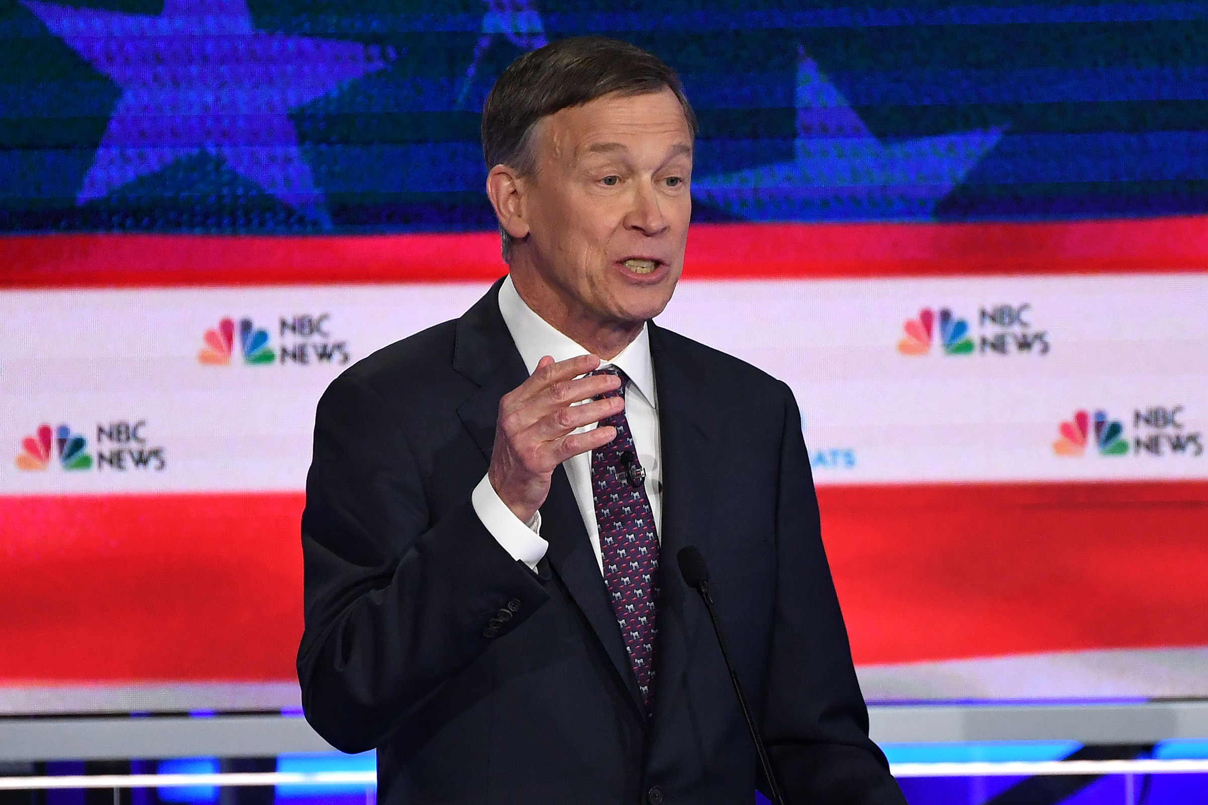 Democratic presidential hopeful former Governor of Colorado John Hickenlooper speaks during the second Democratic primary debate of the 2020 presidential campaign season hosted by NBC News at the Adrienne Arsht Center for the Performing Arts in Miami, Florida, June 27, 2019. (Saul Loeb—AFP/Getty Images)