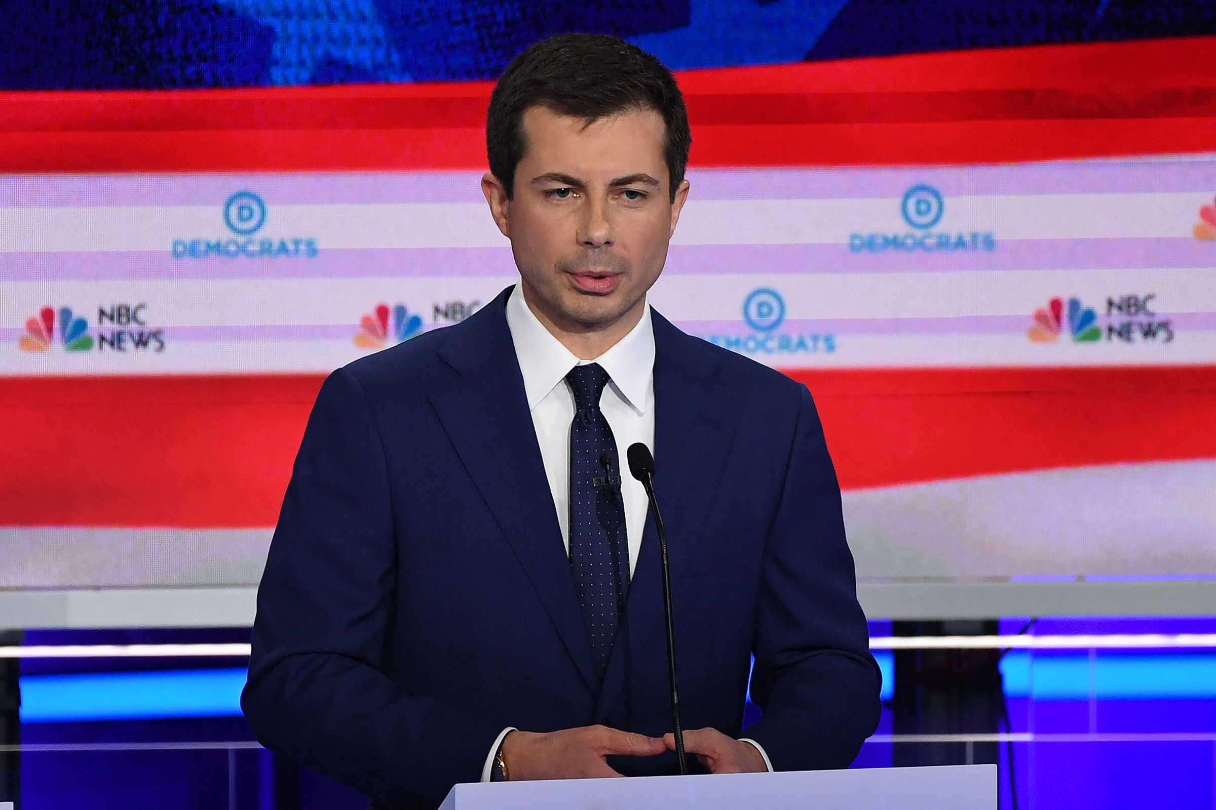 Democratic presidential hopeful Mayor of South Bend, Indiana Pete Buttigieg speaks during the second Democratic primary debate of the 2020 presidential campaign season hosted by NBC News at the Adrienne Arsht Center for the Performing Arts in Miami, Florida, June 27, 2019. (Saul Loeb—AFP/Getty Images)