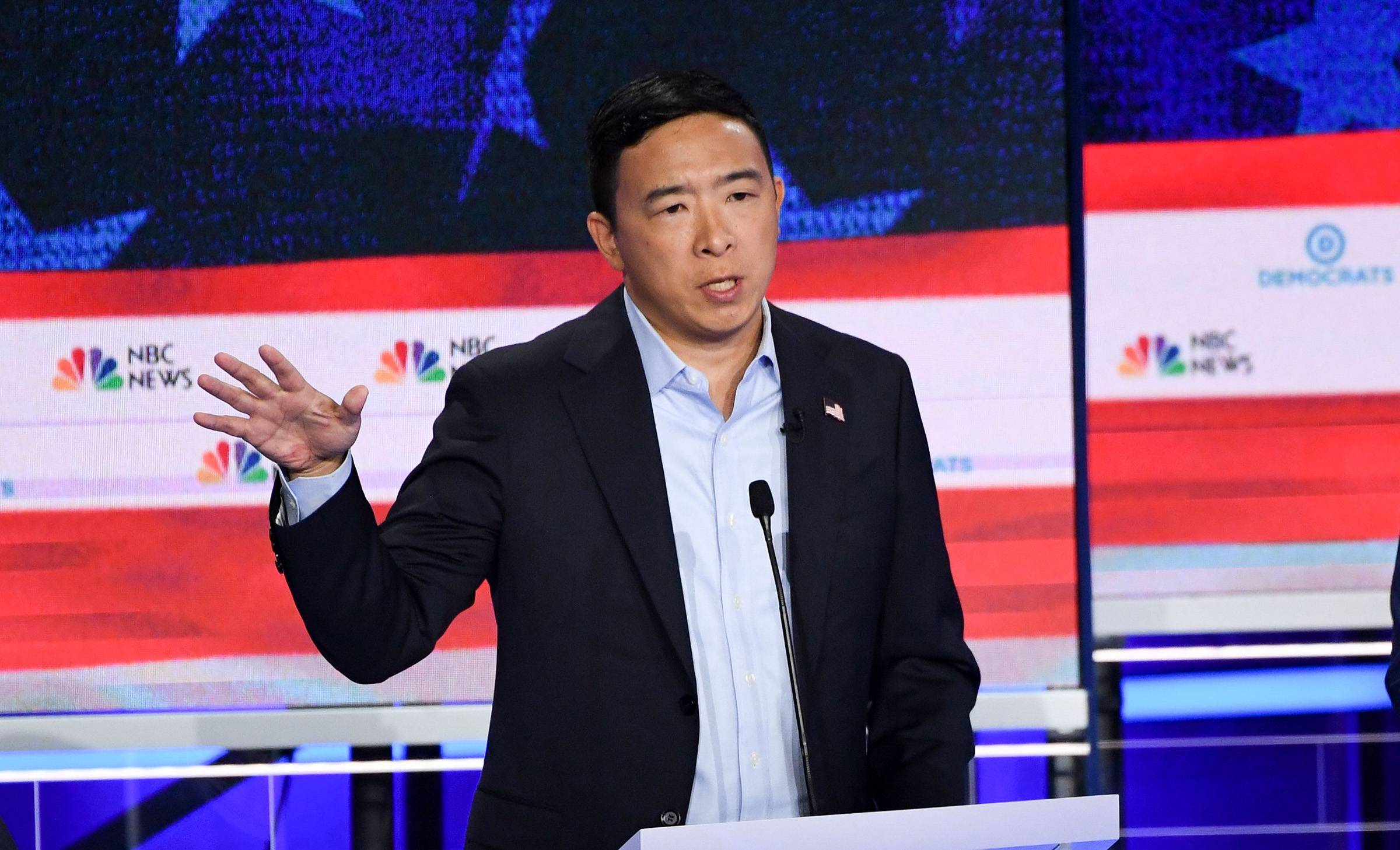 Democratic presidential hopeful US entrepreneur Andrew Yang speaks in the second Democratic primary debate of the 2020 presidential campaign season hosted by NBC News at the Adrienne Arsht Center for the Performing Arts in Miami, Florida, June 27, 2019. (Saul Loeb—AFP/Getty Images)