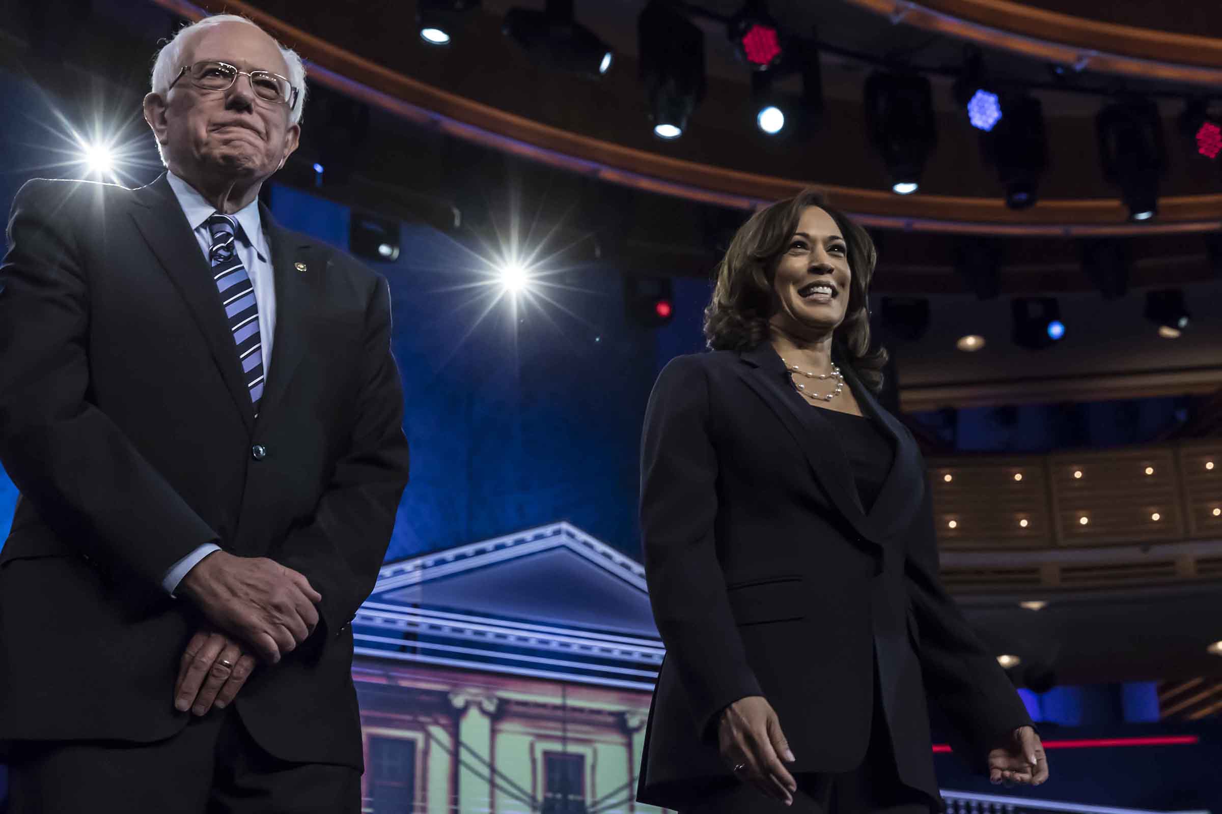 Democratic presidential hopefuls (fromL) US Senator for Vermont Bernie Sanders and US Senator for California Kamala Harris participate in the second Democratic primary debate of the 2020 presidential campaign season hosted by NBC News at the Adrienne Arsht Center for the Performing Arts in Miami, Florida, June 27, 2019. (Christopher Morris for TIME)