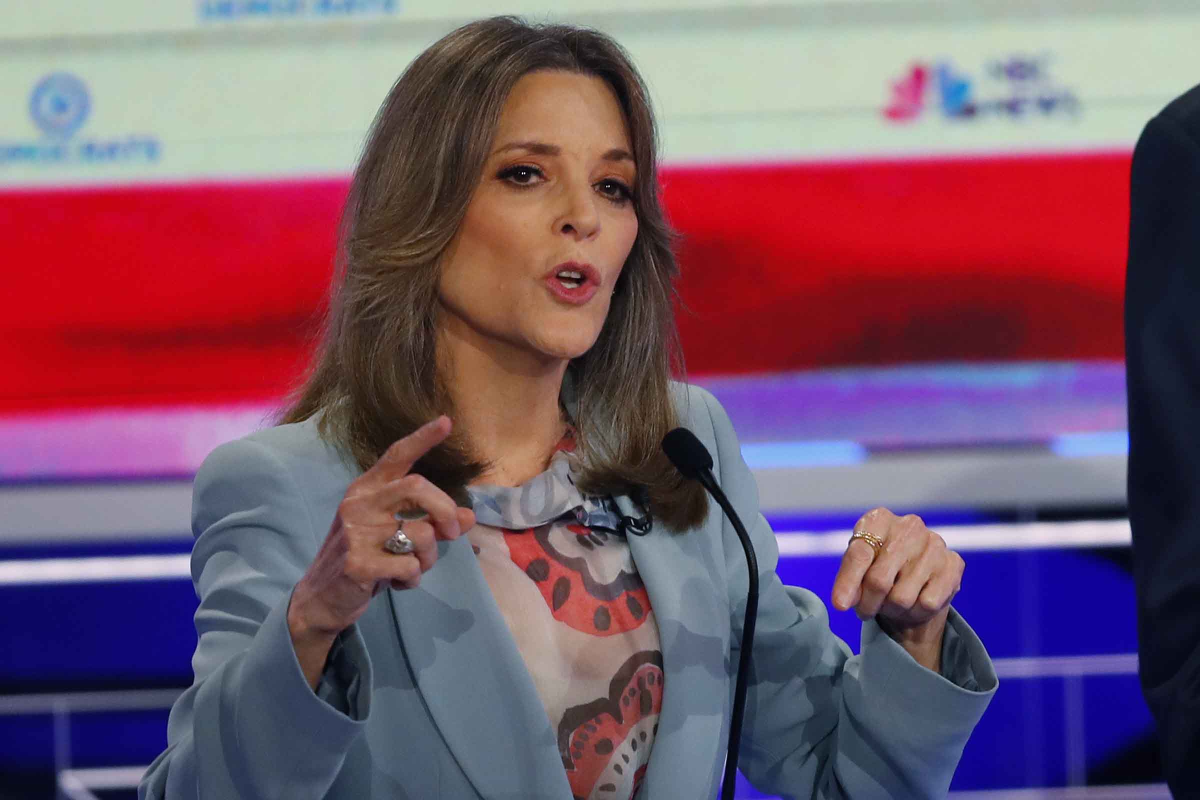 Democratic presidential candidate author Marianne Williamson speaks during the Democratic primary debate hosted by NBC News at the Adrienne Arsht Center for the Performing Arts, Thursday, June 27, 2019, in Miami. (Wilfredo Lee—AP)