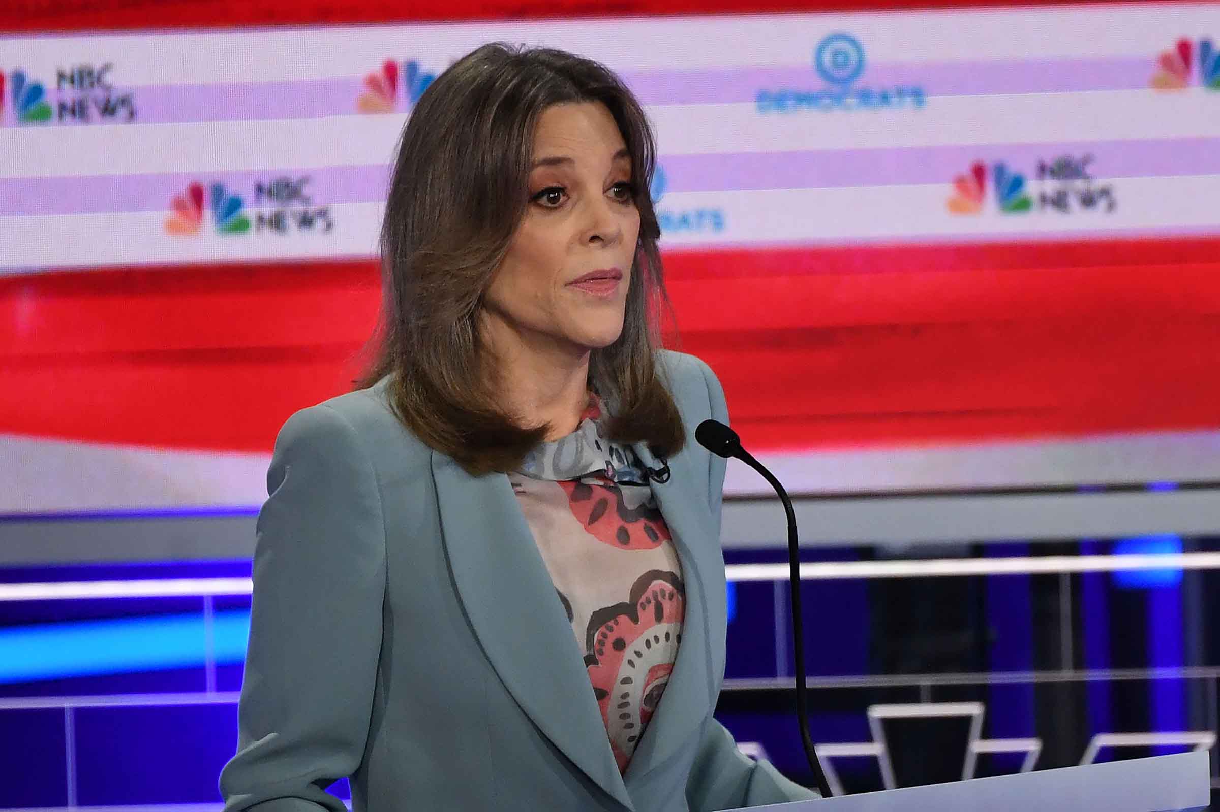 Democratic presidential hopeful US author Marianne Williamson speaks during the second Democratic primary debate of the 2020 presidential campaign season hosted by NBC News at the Adrienne Arsht Center for the Performing Arts in Miami, Florida, June 27, 2019. (Saul Loeb—AFP/Getty Images)