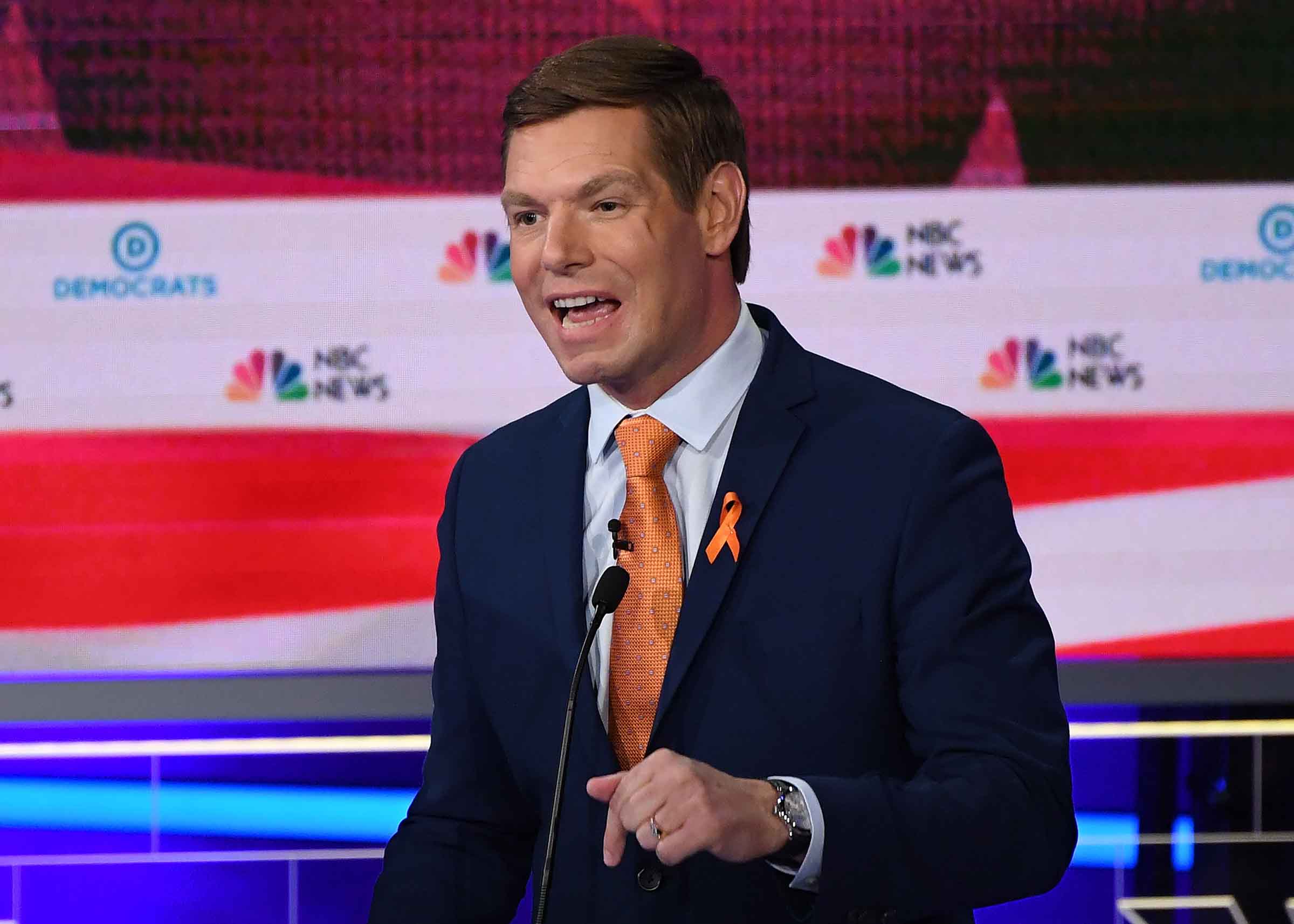 Democratic presidential hopeful former US Representative for California's 15th congressional district Eric Swalwell speaks during the second Democratic primary debate of the 2020 presidential campaign season hosted by NBC News at the Adrienne Arsht Center for the Performing Arts in Miami, Florida, June 27, 2019. (Saul Loeb—AFP/Getty Images)