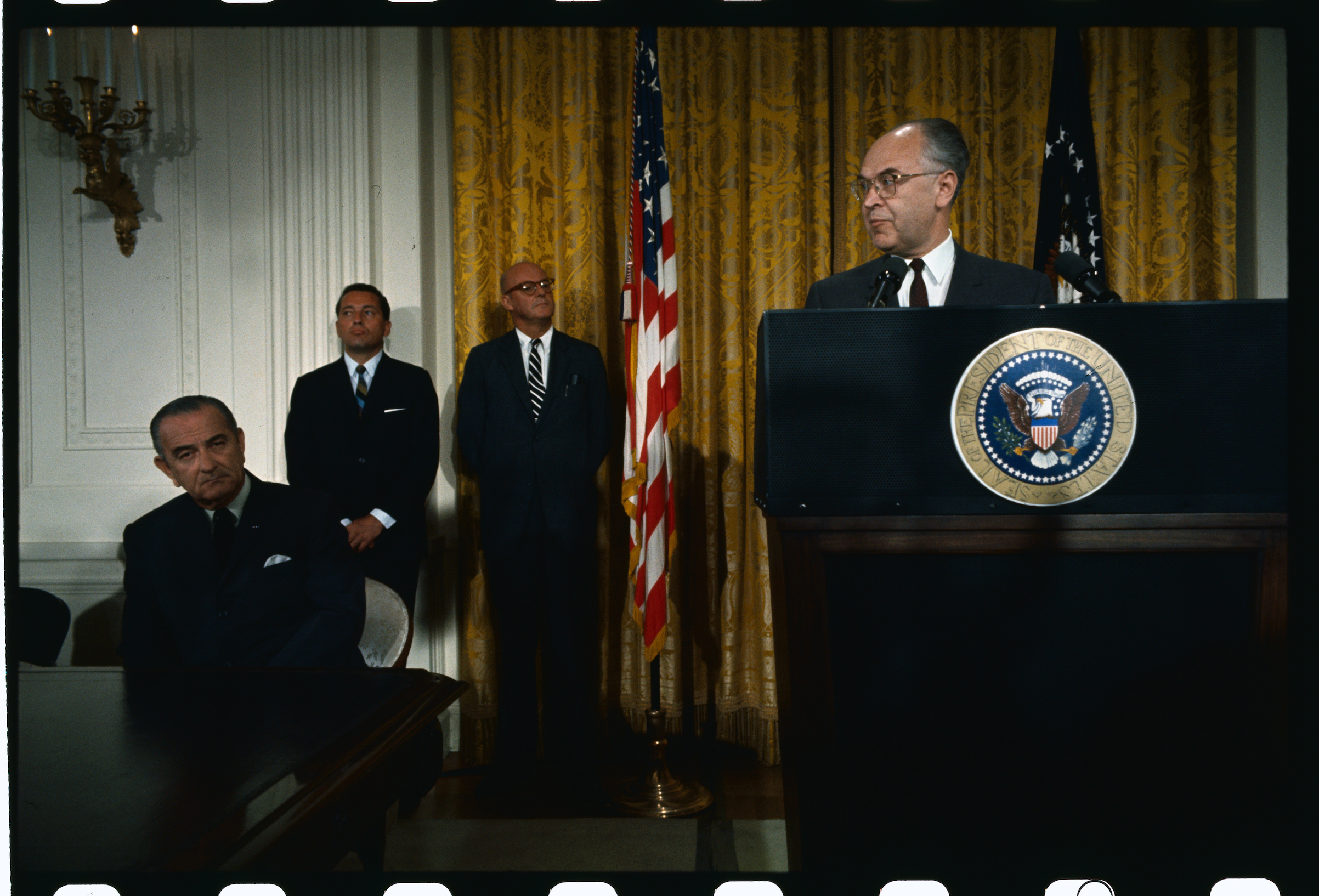 Soviet Ambassador Anatoly Dobrynin, speaking during the signing of the nuclear nonproliferation treaty in the White House, in 1968. (Bettmann/Getty Images)