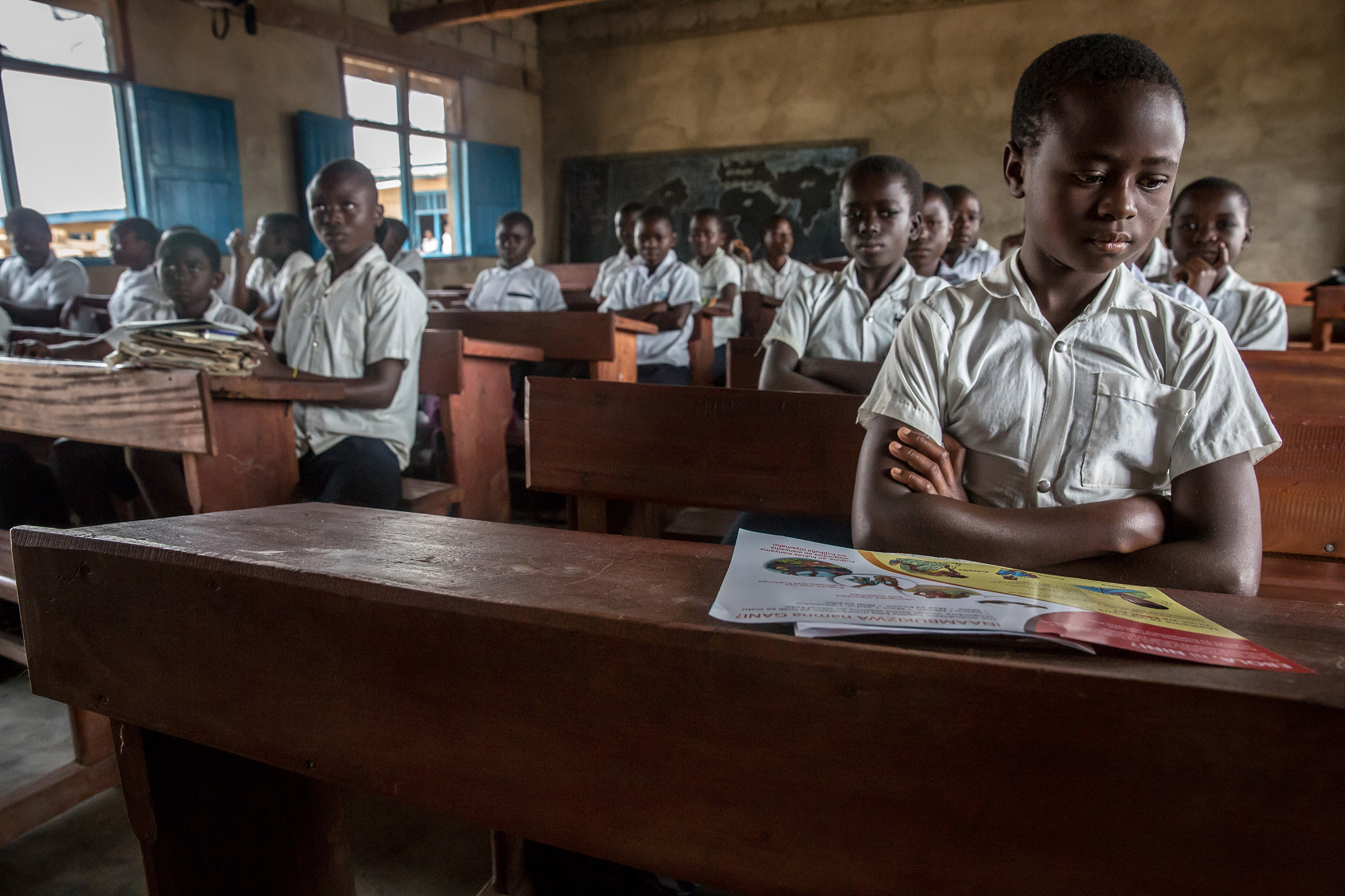 Students are taught about Ebola in a school in Beni, DRC, close to where the outbreak began last August. Heath workers believe by teaching children about the symptoms of Ebola they can educate some parents too. (Sally Hayden)