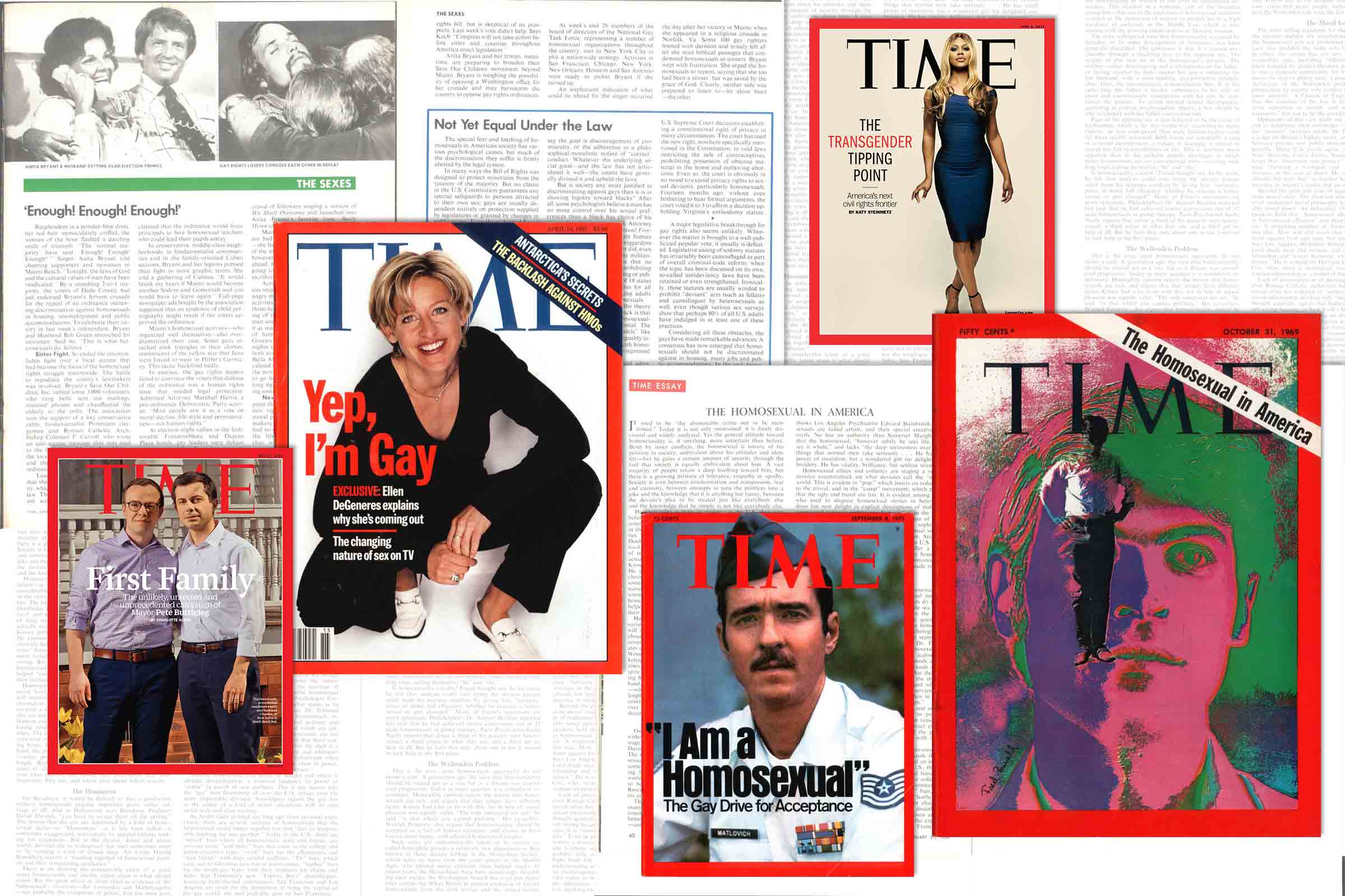 LGBTQ issues on the cover of TIME in (L-R) 2019, 1997, 1975, 2014 and 1969