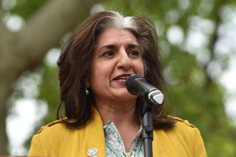 Farhana Yamin, Extinction Rebellion activist speaks at the Climate emergency protest in Parliament Square outside the Houses of Parliament on May 01, 2019 in London, England.