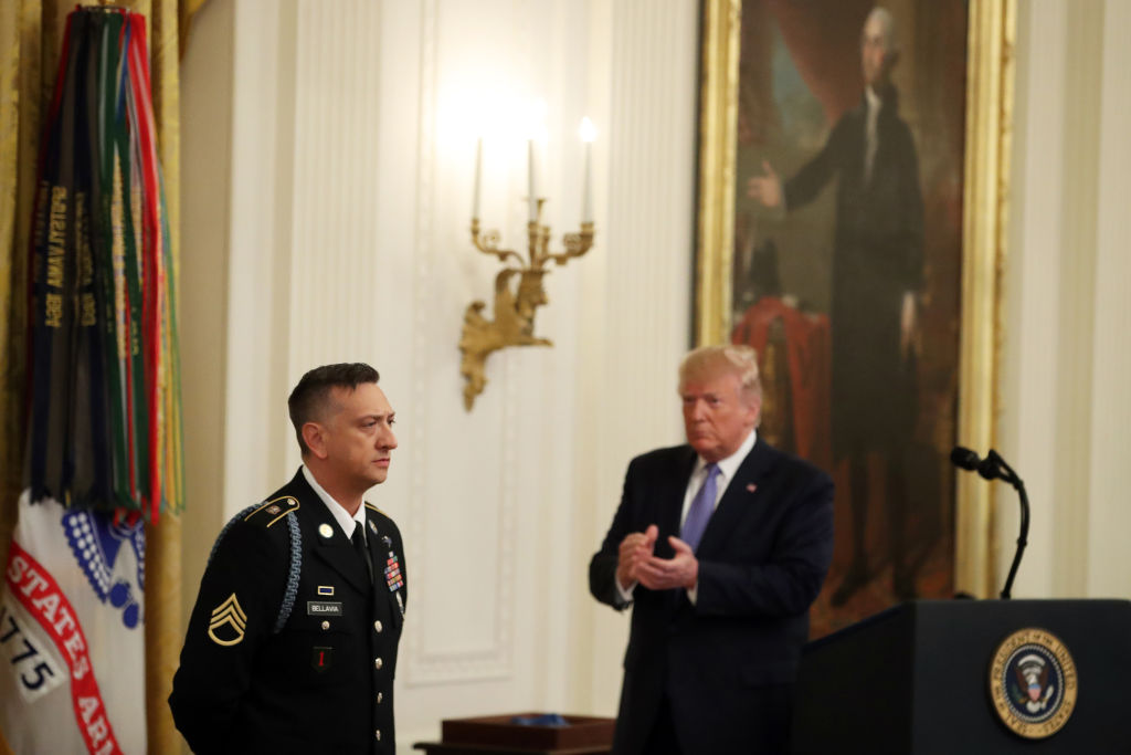 President Donald Trump awards the Medal of Honor the U.S. Army Staff Sgt. David Bellavia Ret., during a ceremony in the East Room at the White House, on June 25, 2019 in Washington, DC. Staff Sgt. Bellavia is receiving the nation’s highest military honor for his heroism for rescuing his squad and clearing out a house full of Iraqi insurgents during the Second Battle of Fallujah in Iraq in 2004. (Mark Wilson—Getty Images)