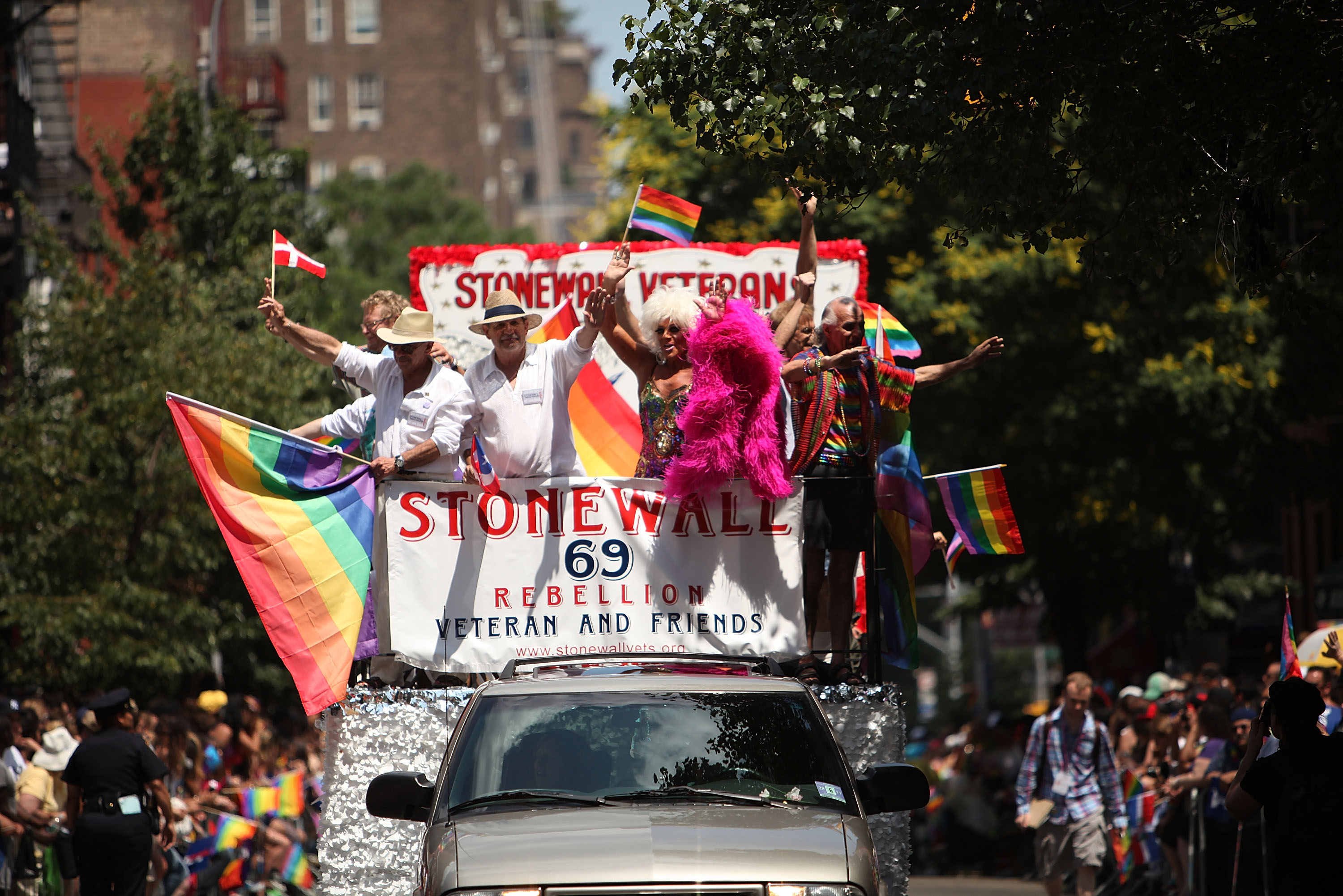 A float commemorates the 40th anniversary of the Stonewall riots, which erupted after a police raid on a gay bar, the Stonewall Inn on Christopher St., in 1969. (Spencer Platt&mdash;Getty Images)