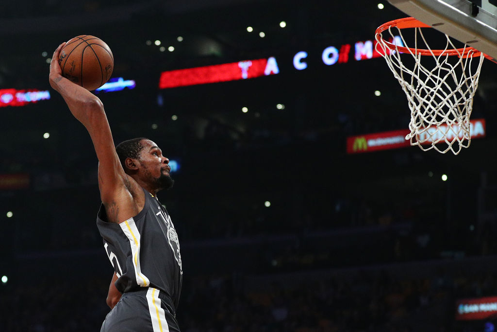 Kevin Durant #35 of the Golden State Warriors dunks the ball against the Los Angeles Lakers during the first half at Staples Center on April 4, 2019 in Los Angeles, California. (Yong Teck Lim—Getty Images)