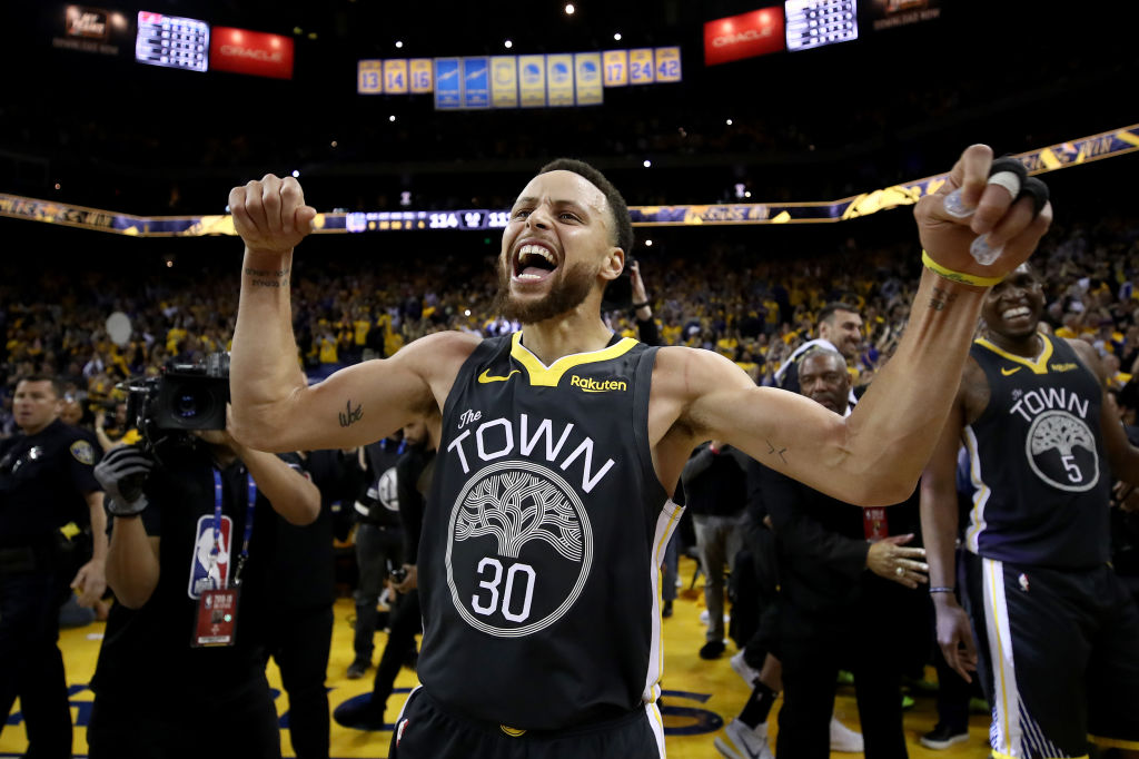Stephen Curry #30 of the Golden State Warriors celebrates after defeating the Portland Trail Blazers 114-111 in game two of the NBA Western Conference Finals at ORACLE Arena on May 16, 2019 in Oakland, California. (Ezra Shaw&mdash;Getty Images)