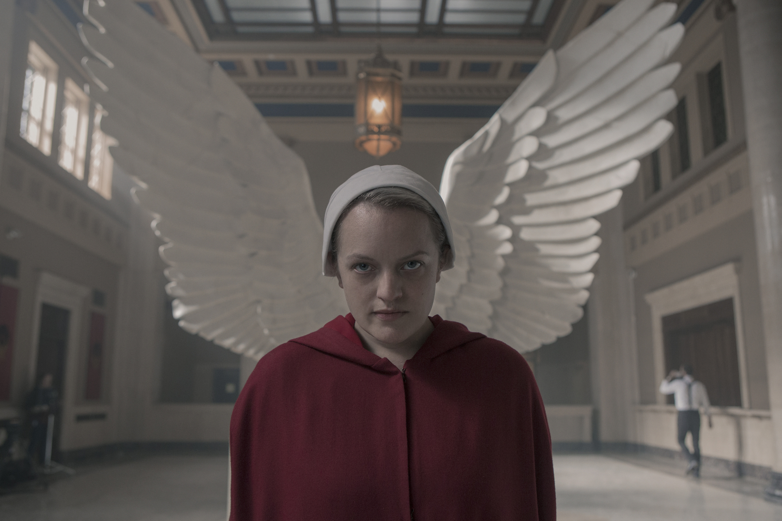 The Handmaid's Tale -- "Household" - Episode 306 -- June accompanies the Waterfords to Washington D.C., where a powerful family offers a glimpse of the future of Gilead. June makes an important connection as she attempts to protect Nichole. June (Elisabeth Moss), shown. (Sophie Giraud—Hulu)