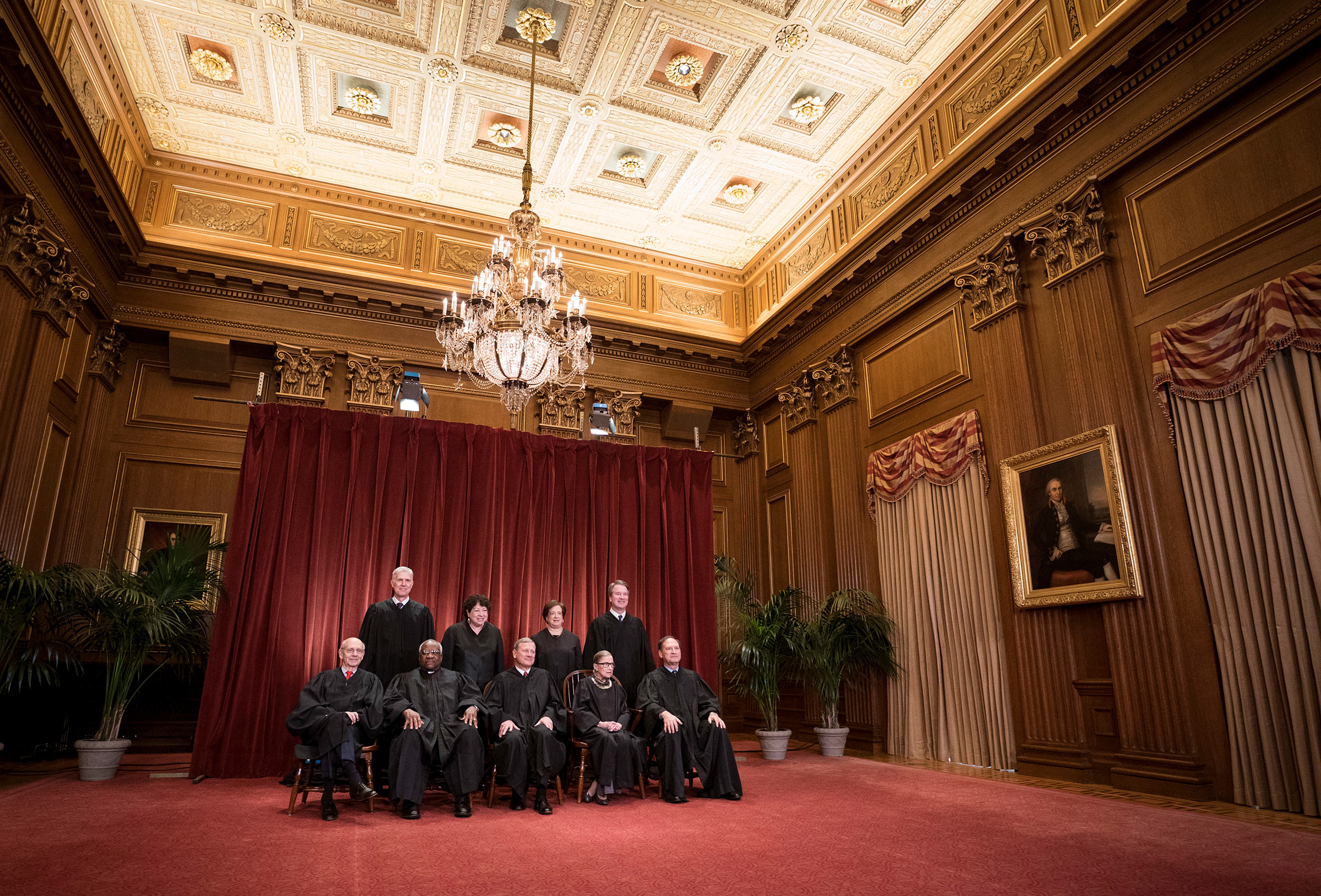 United States Supreme Court (Front L-R) Associate Justice Stephen Breyer, Associate Justice Clarence Thomas, Chief Justice John Roberts, Associate Justice Ruth Bader Ginsburg, Associate Justice Samuel Alito, Jr., (Back L-R) Associate Justice Neil Gorsuch, Associate Justice Sonia Sotomayor, Associate Justice Elena Kagan and Associate Justice Brett Kavanaugh pose for their official portrait at the in the East Conference Room at the Supreme Court building November 30, 2018 in Washington, DC. (Kevin Dietsch—dpa/AP)