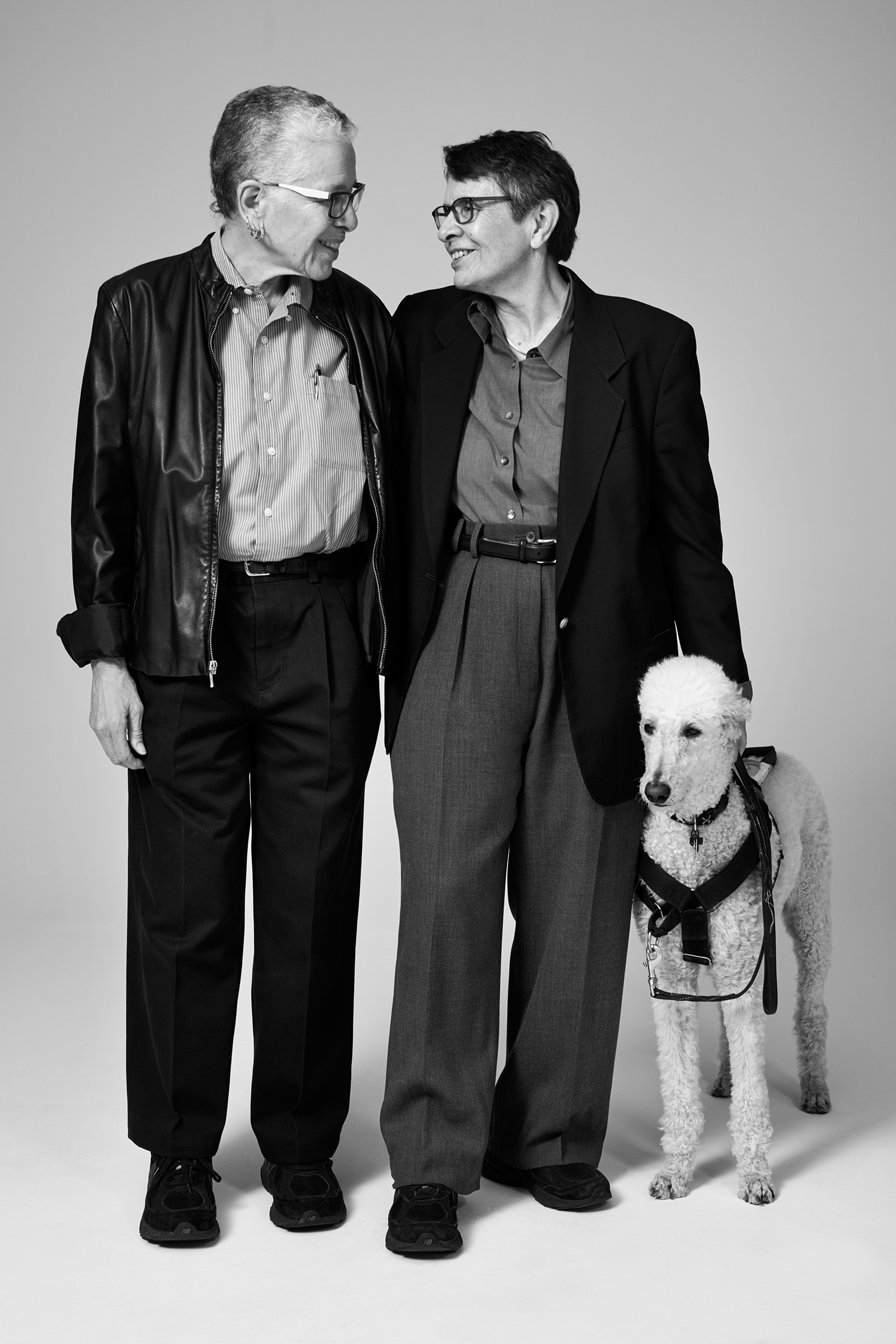 "Things are really coming full circle. We saw an evolution in the direction of corporatization; now we’re coming around to a more activist contemporary moment, toward a cry for seriousness and political activism as well as joy and celebration." — Karla Jay, a professor emerita at Pace University, between her spouse Karen F. Kerner and her guide dog Duchess. Jay was an early member of the Gay Liberation Front. (Collier Schorr)