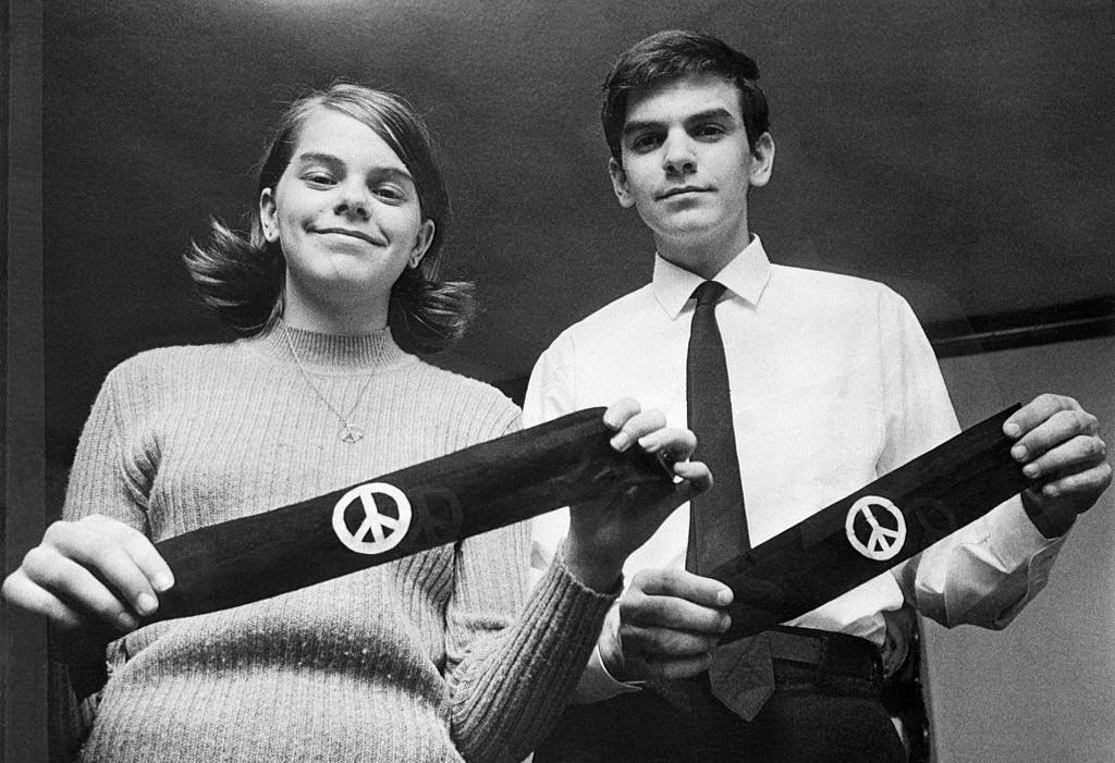 Mary Beth Tinker and her brother, John, display two black armbands, the objects of the U.S. Supreme Court's agreement March 4th to hear arguments on how far public schools may go in limiting the wearing of political symbols. The children, both students at North High School, were suspended from classes along with three other students for wearing the bands to mourn the Vietnam war dead. (Bettmann&mdash;Bettmann Archive)