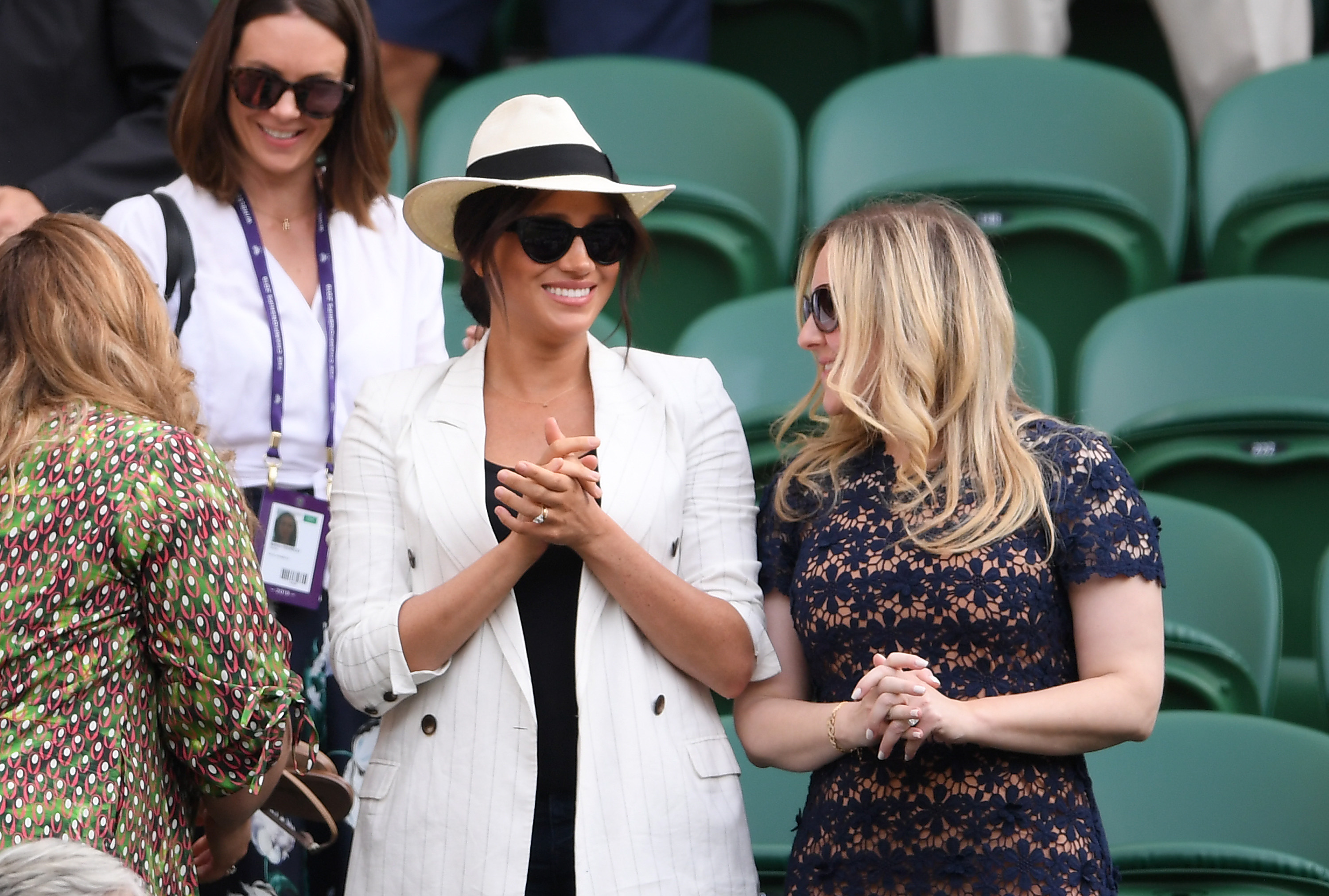 Meghan Markle, Duchess of Sussex watches on during the ladies' Singles Second round match between Serena Williams of The United States and Kaja Juvan of Slovenia during Day four of The Championships - Wimbledon 2019 at All England Lawn Tennis and Croquet Club on July 04, 2019 in London, England. (Photo by Laurence Griffiths/Getty Images) (Laurence Griffiths&amp;Getty Images)