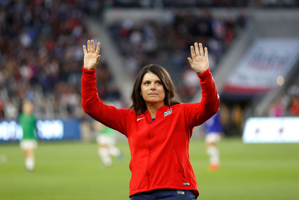Mia Hamm of the 1999 United States Women's National Team waves to fans during halftime at Banc of California Stadium on April 07, 2019 in Los Angeles, California. (Meg Oliphant&mdash;Getty Images)