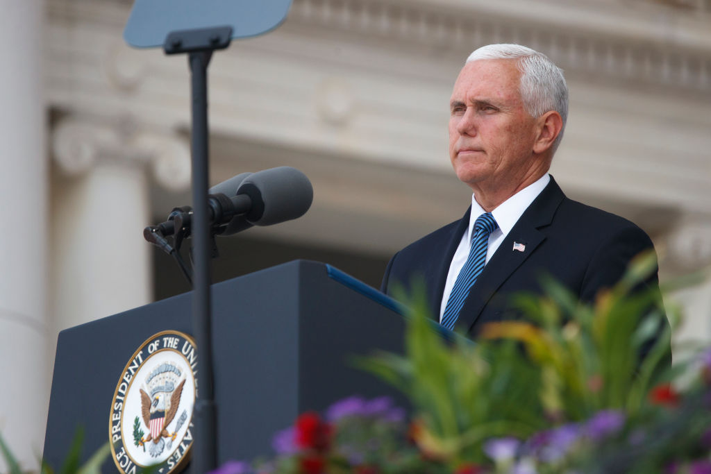 Vice President Mike Pence delivers remarks inside the Amphitheater during a Memorial Day event at Arlington National Cemetery in Arlington, Va., on May 27, 2019. (Tom Brenner—Getty Images)