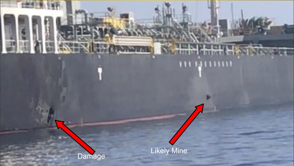 The images show what the U.S. military believes is an unexploded magnetic mine attached to the hull of the tanker M/T Kokuka Courageous following the attack on Thursday, June 13, 2019 in the Gulf of Oman. (U.S. Central Command)