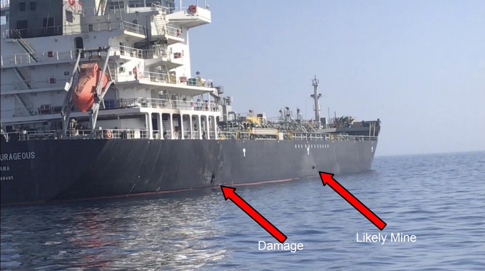 The U.S. military released this photo late Thursday, June 13, 2019 showing the oil tanker M/T Kokuka Courageous in the Gulf of Oman with damage and what is allegedly a limpet mine. (U.S. Central Command)
