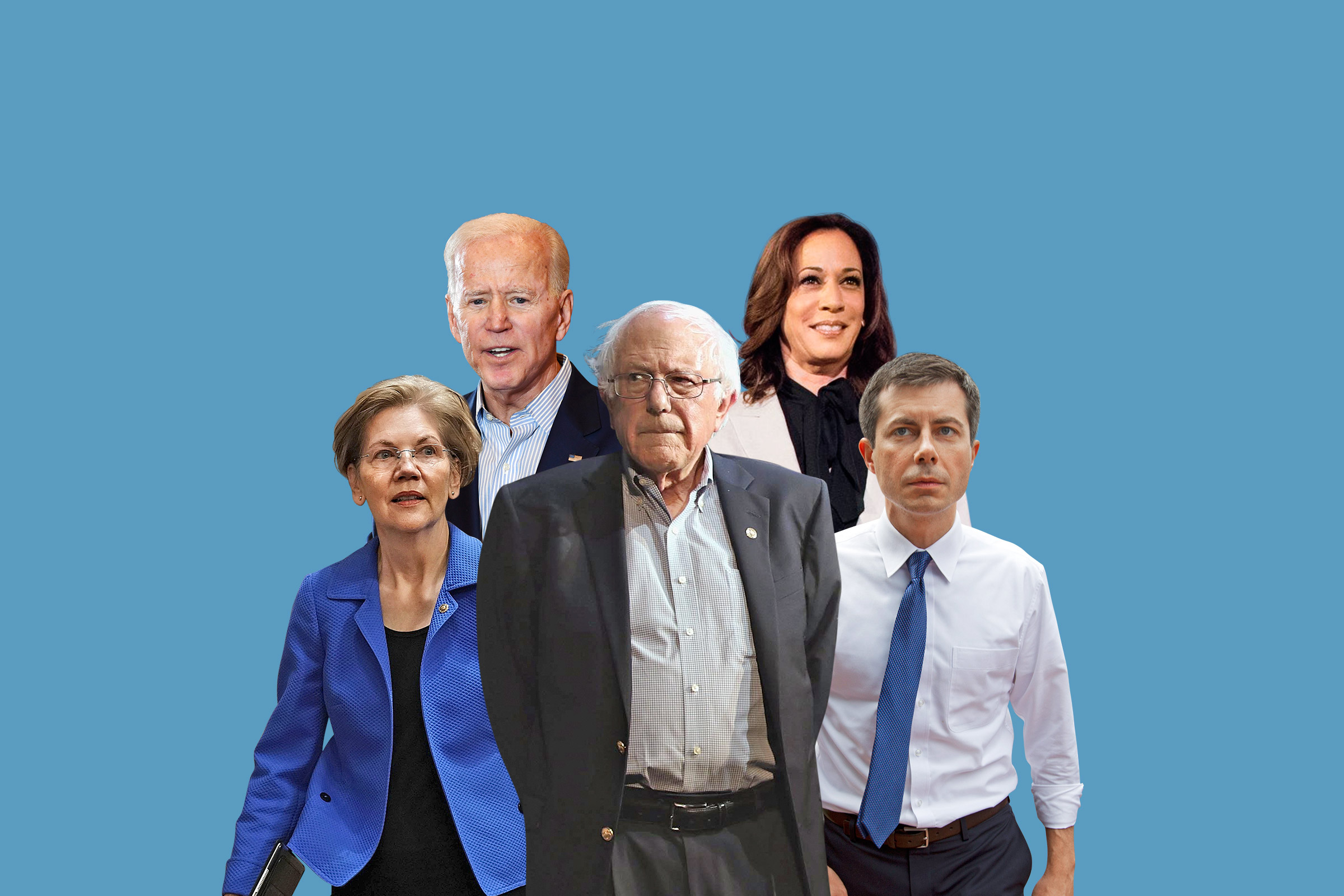 Among the crowded Democratic field are, clockwise from left, Elizabeth Warren, Joe Biden, Kamala Harris, Pete Buttigieg and Bernie Sanders.