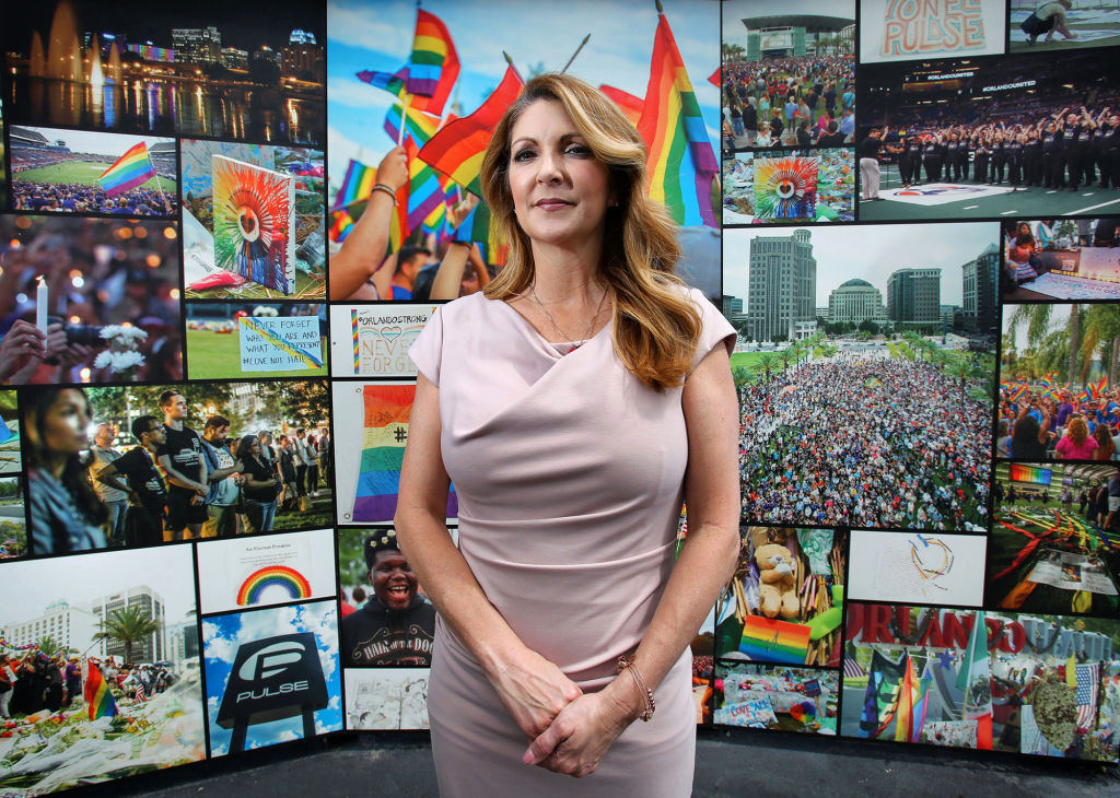 Barbara Poma, CEO of the onePULSE Foundation, in front of the Pulse Interim Memorial located at the Pulse nightclub site south of downtown Orlando, Fla., on June 6, 2019. (Orlando Sentinel—TNS via Getty Images)