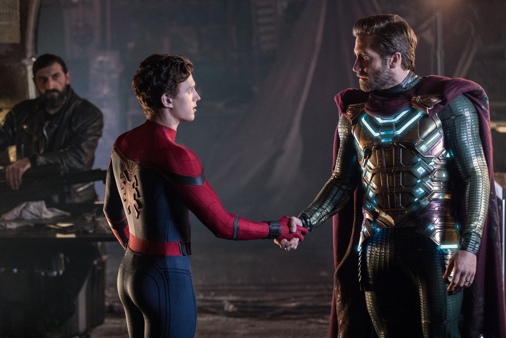 (l to r) Numan Acar, Tom Holland and Jacky Gyllenhaal in <i>Spider-Man: Far From Home</i> (Jay Maidment—Sony Pictures)