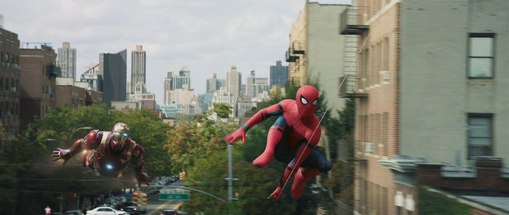 Tom Holland as Spider-Man and Robert Downey Jr. as Iron Man in <i>Spider-Man: Homecoming</i> (Columbia Pictures)