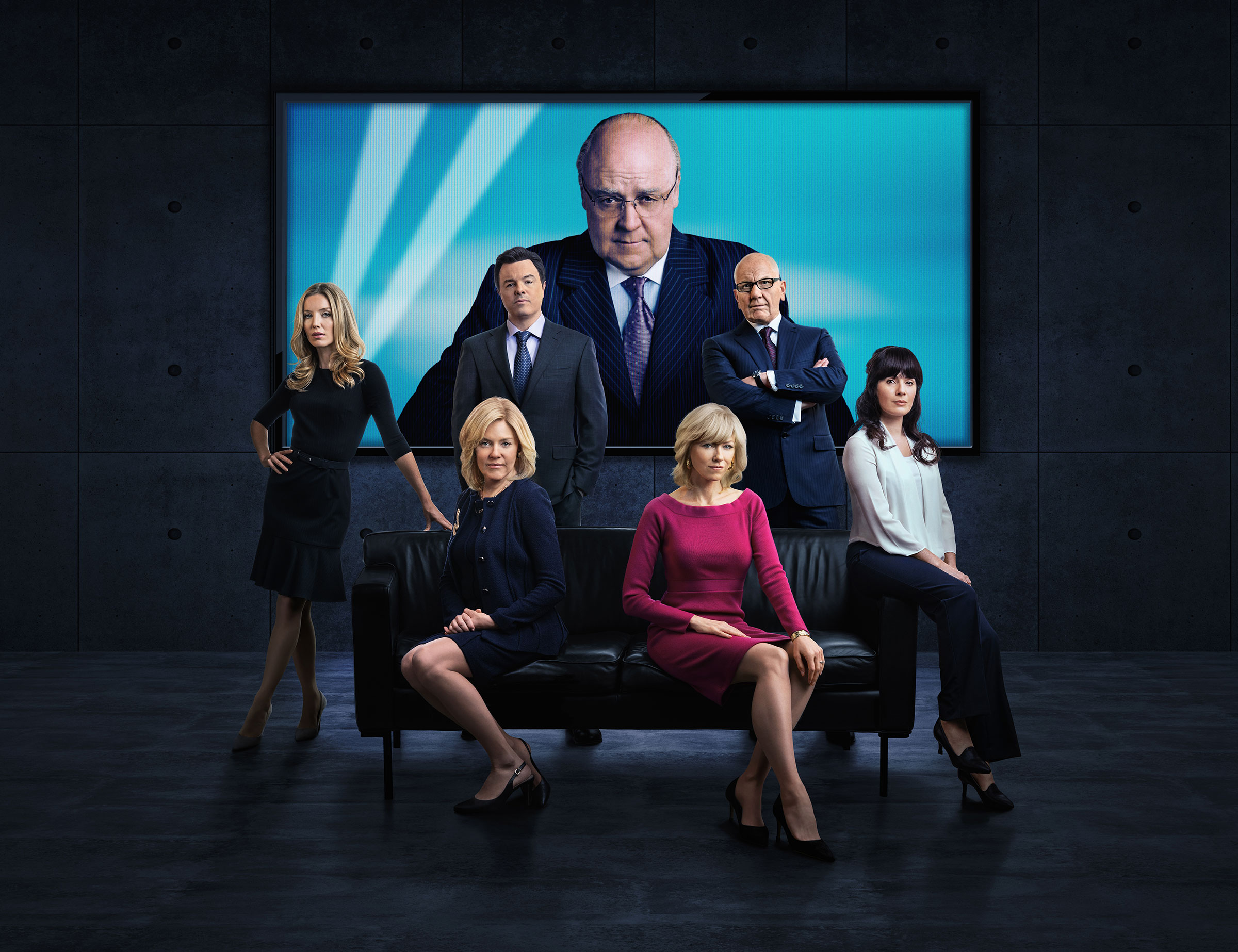 Clockwise from left: Annabelle Wallis as Laurie Luhn, Seth MacFarlane as Brian Lewis, Sienna Miller as Elizabeth Ailes, Russell Crowe as Roger Ailes, Naomi Watts as Gretchen Carlson, Simon McBurney as Rupert Murdoch and Aleksa Palladino as Judy Laterza in The Loudest Voice.