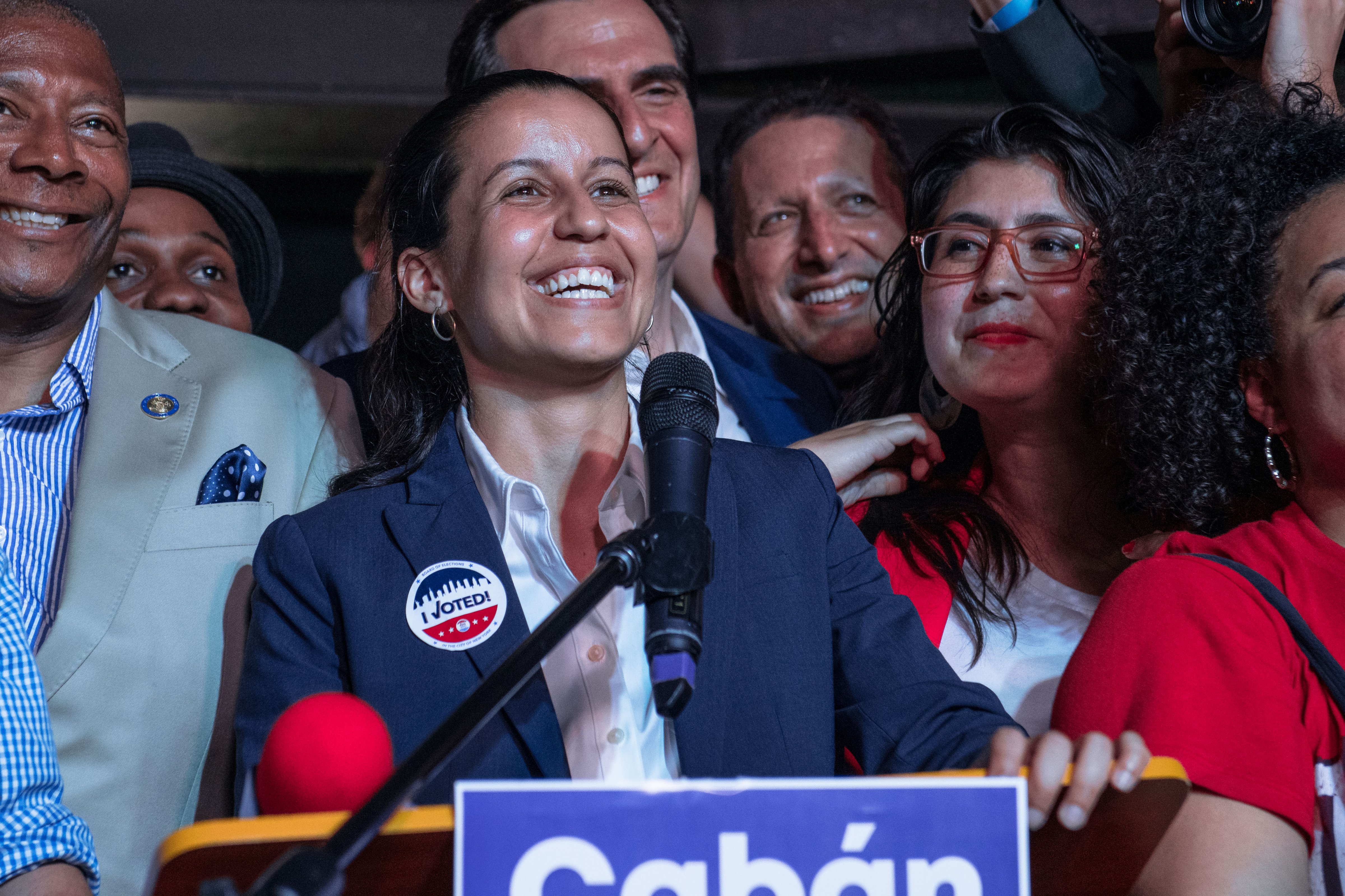 Public defender Tiffany Cabán declares victory in the Queens District Attorney Democratic primary election at her campaign watch party at La Boom nightclub, on June 25, 2019 in the Queens borough of New York City. (Scott Heins/Getty Images)