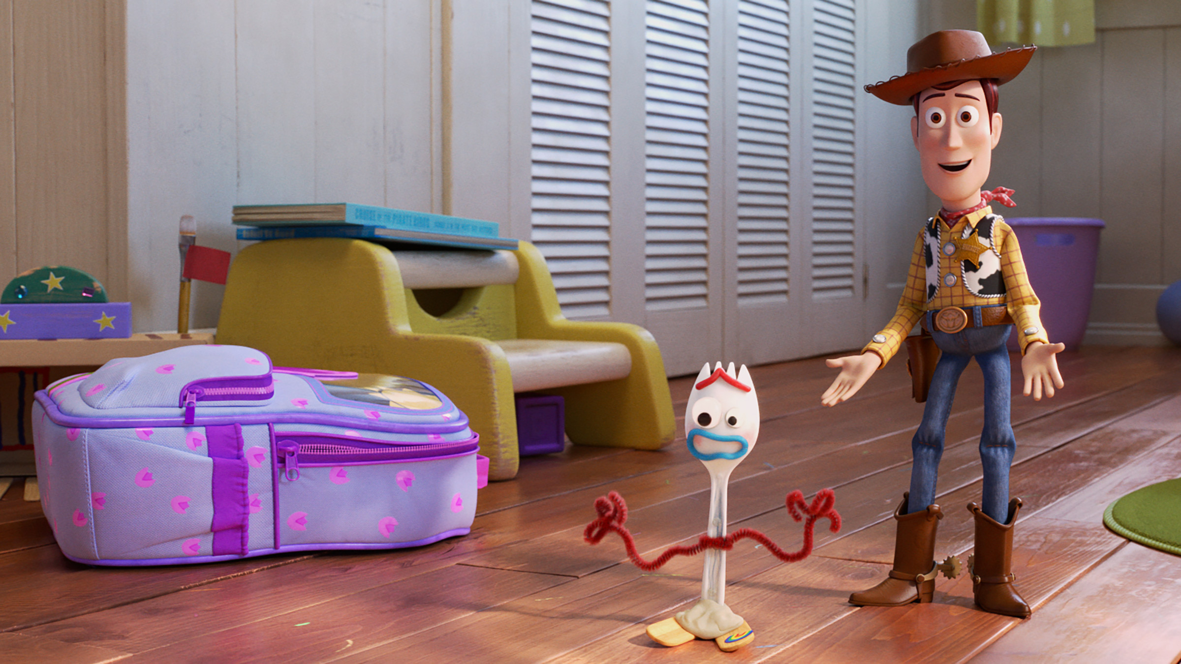In 'Toy Story 4,' Woody (Tom Hanks) has got a friend—or something—in Forky (Tony Hale). (Disney/Pixar)