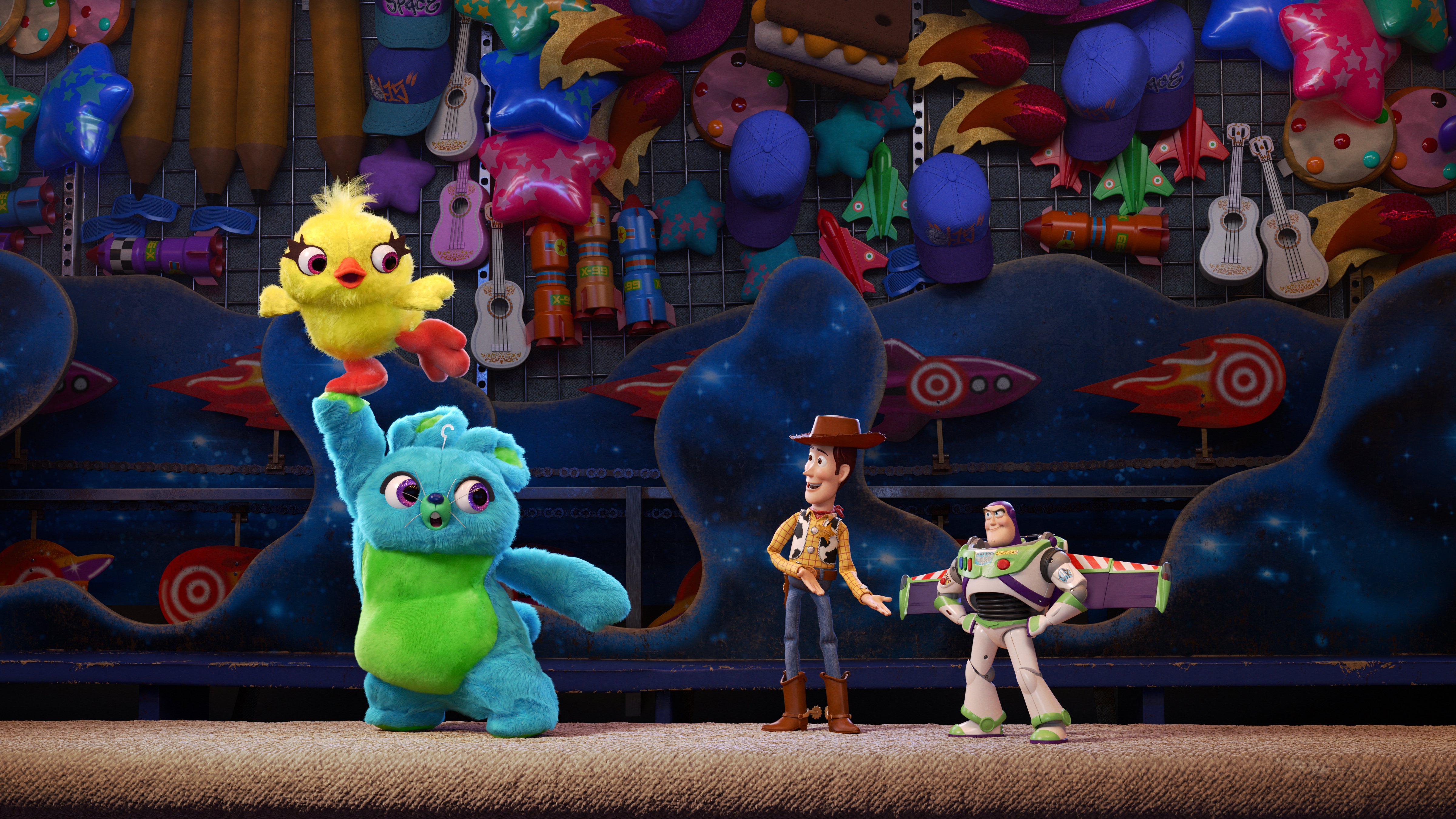Keegan-Michael Key as Ducky, Jordan Peele as Bunny, Tom Hanks as Woody and Tim Allen as Buzz in <i>Toy Story 4</i> (Disney/Pixar)