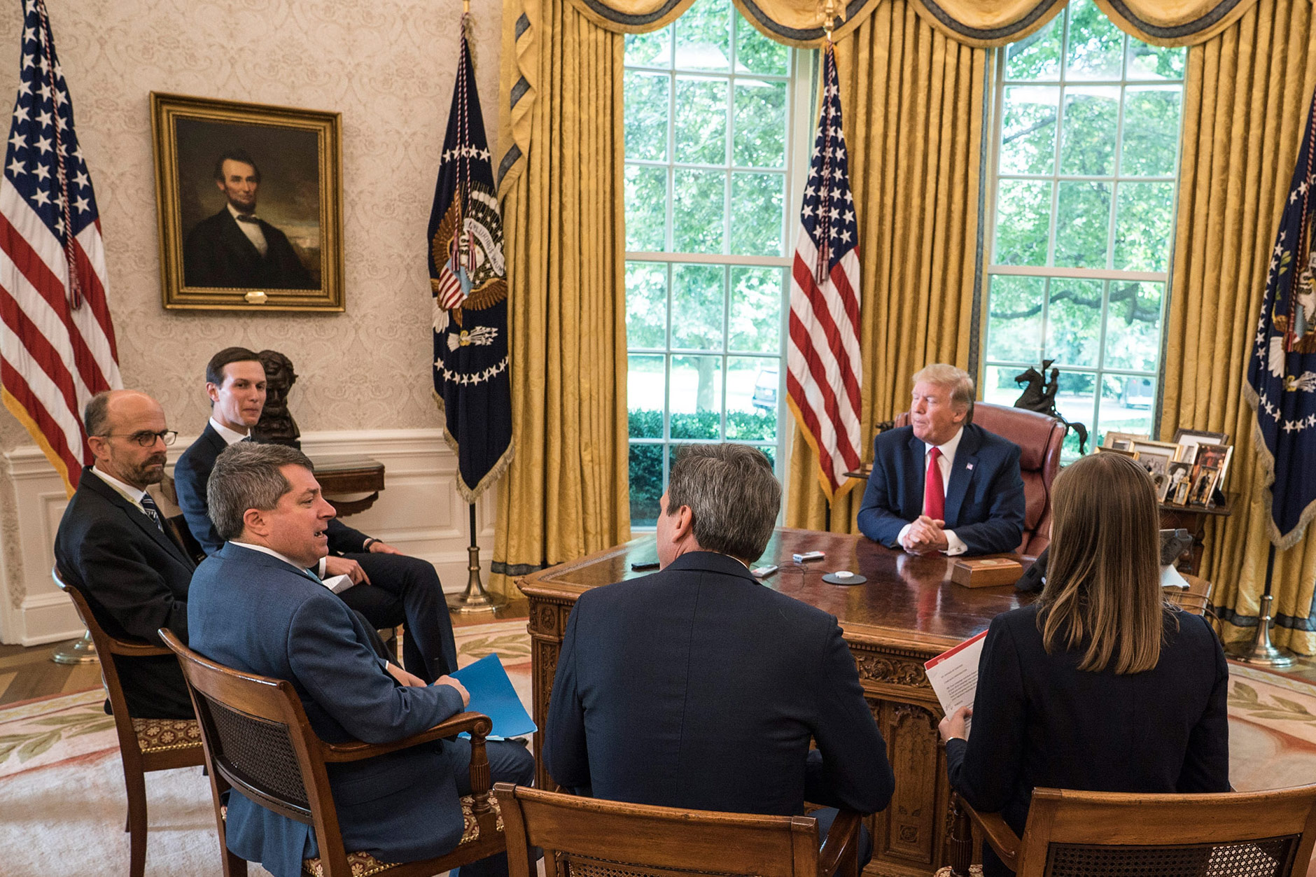 The TIME team with President Trump and senior adviser Jared Kushner, who left at the start of the interview. (Paul Moakley for TIME)