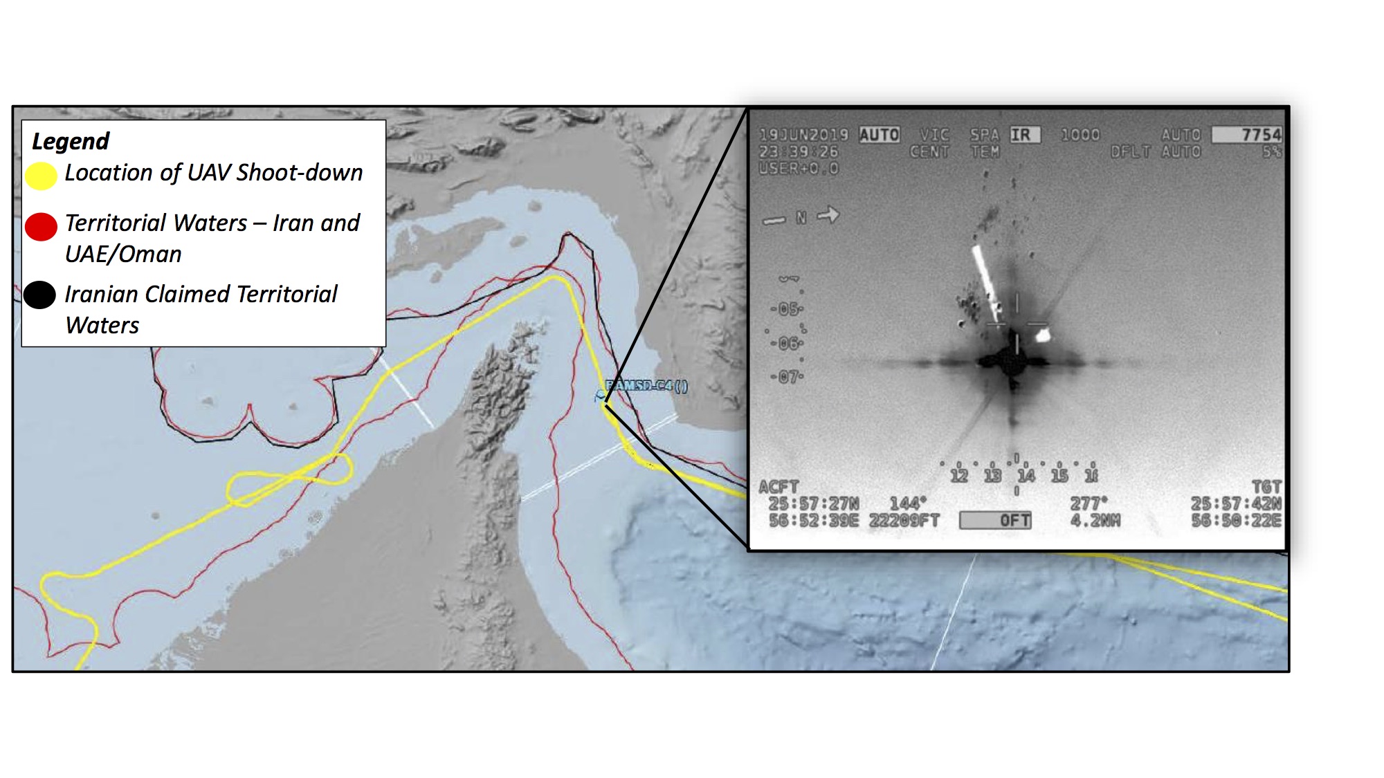 Graphic showing the flight path of the U.S. Navy RQ-4A shot down on June 20, 2019 (U.S. Central Command &amp;mdash Twitter)