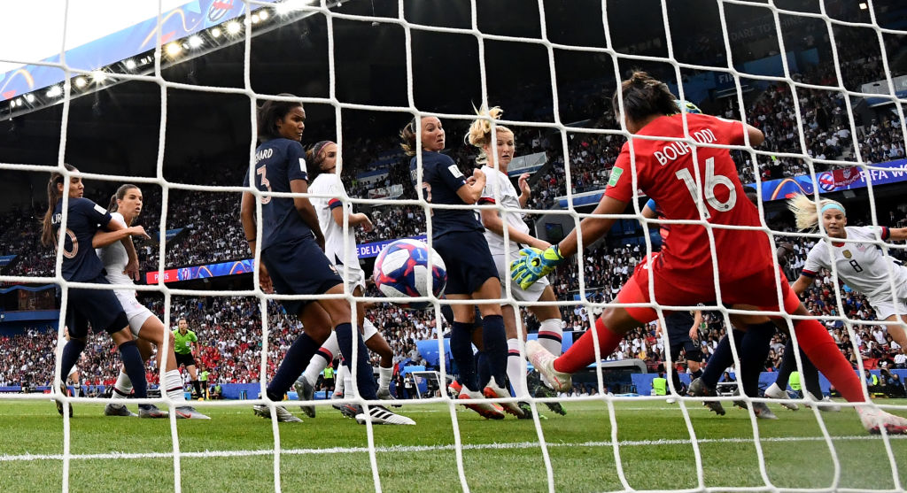 United States' forward Megan Rapinoe (unseen) scores her team's first goal the France 2019 Women's World Cup quarter-final football match between France and United States, on June 28, 2019, at the Parc des Princes stadium in Paris. (FRANCK FIFE—AFP/Getty Images)
