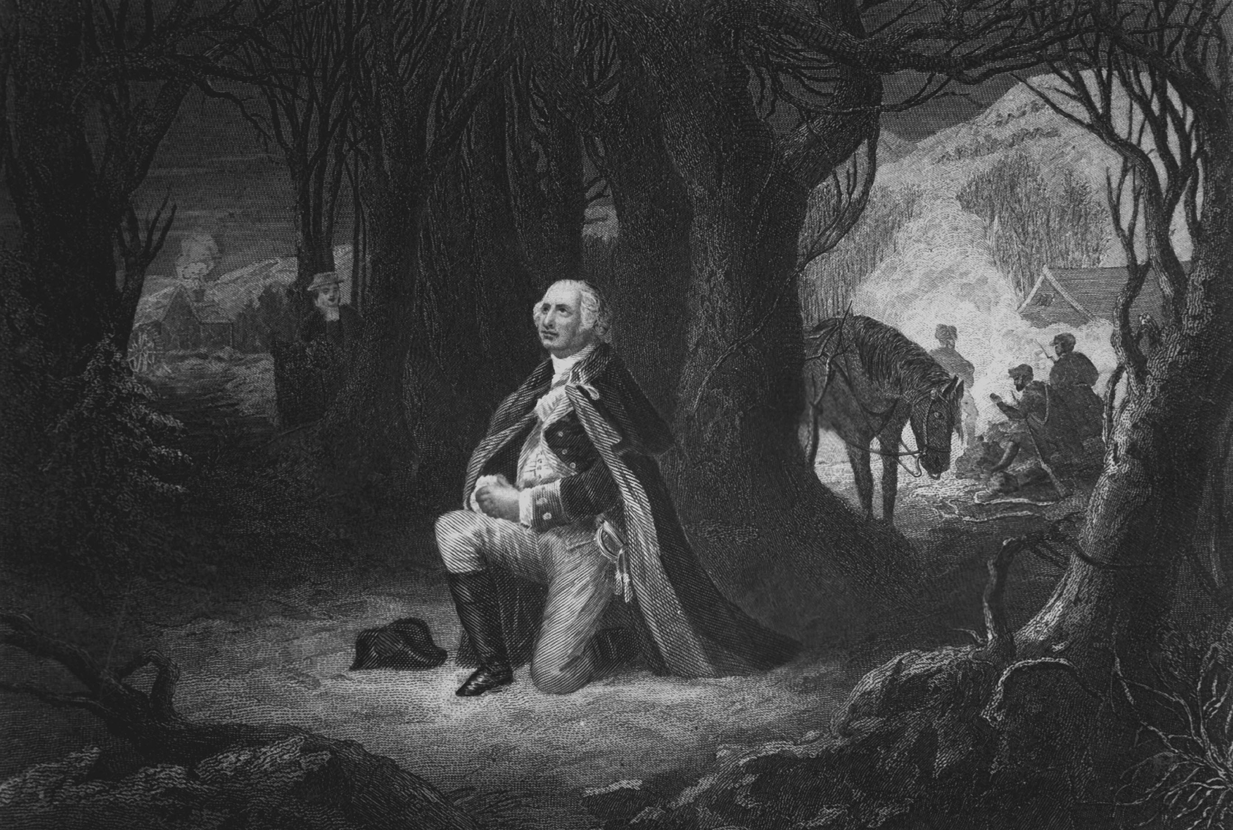 Engraving depicting General George Washington kneeling in prayer, while his soldiers camp in the background, at Valley Forge, Pennsylvania, during the winter of 1777. Copy of engraving by John McRae after a painting by Henry Brueckner, published 1866. (Interim Archives/Getty Images)