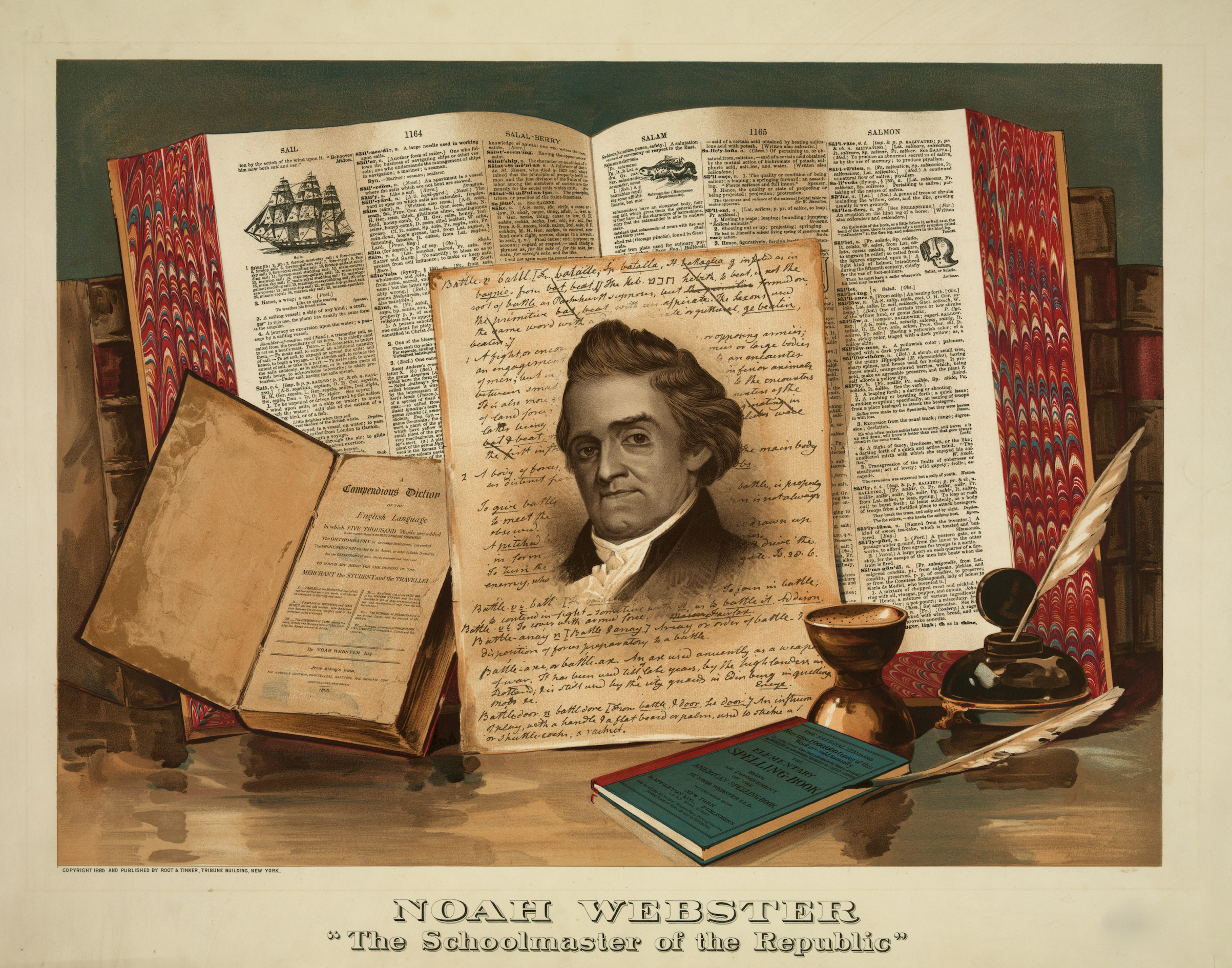 Noah Webster. Born 1758-died 1843. The schoolmaster of the republic; portrait shown in front of dictionary, books, inkwell & desk, 19th century. (Buyenlarge/Getty Images)