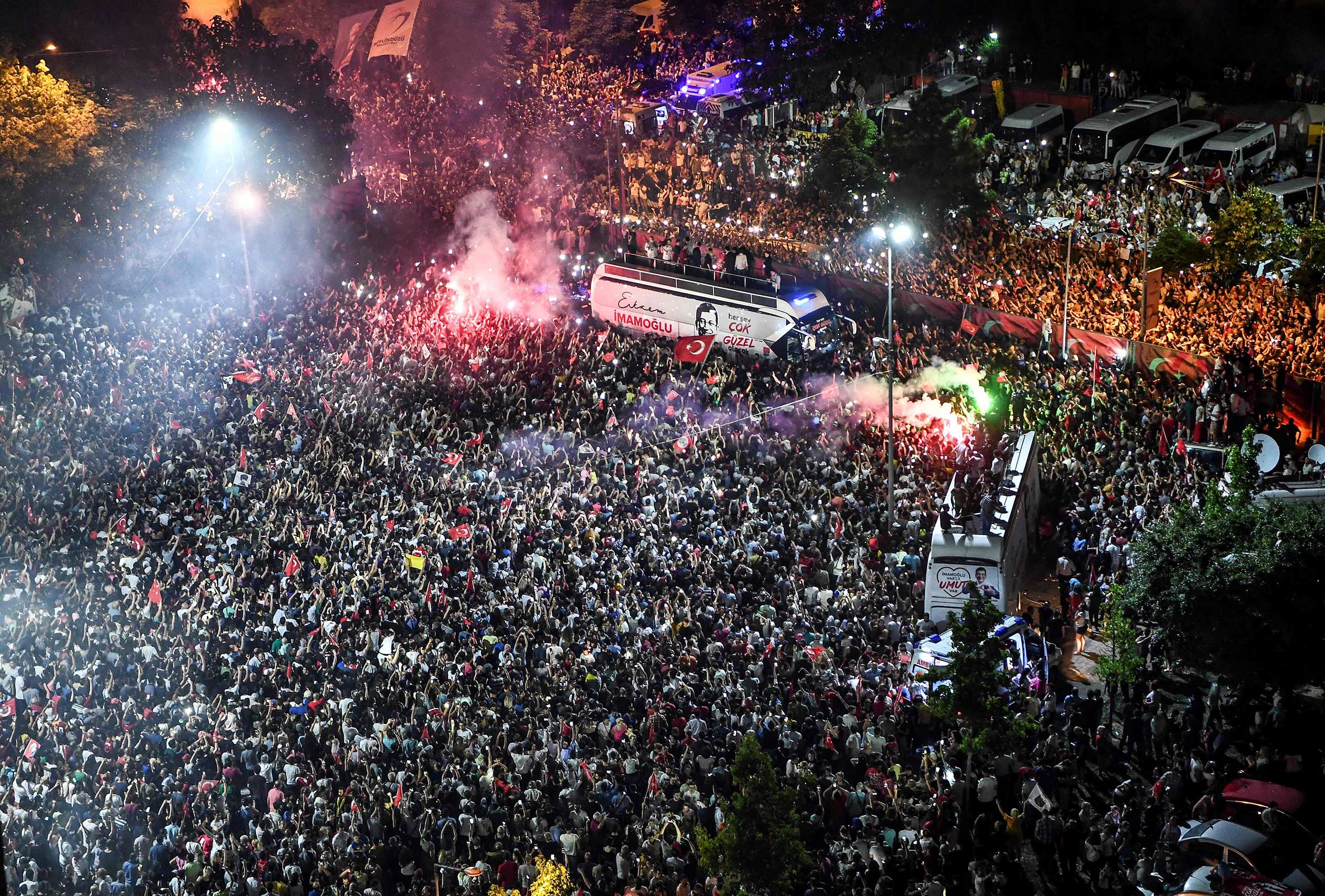 Istanbul citizens gather to celebrate after the Republican People's Party (CHP) candidate Ekrem Imamoglu won Istanbul's mayoral re-run elections on June 23. (STR/AFP/Getty Images)