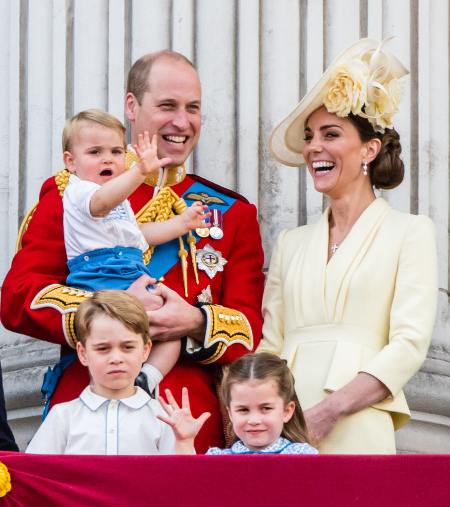 Prince Louis, Prince George, Prince William, Duke of Cambridge, Princess Charlotte and Catherine, Duchess of Cambridge appear on the balcony during Trooping The Colour, the Queen's annual birthday parade, on June 8, 2019 in London, England. (Samir Hussein—WireImage/Getty Images)
