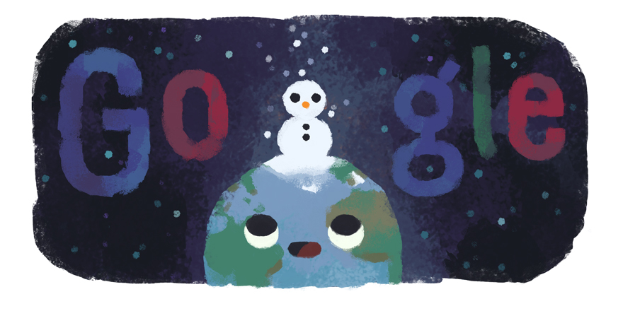 Pastel drawing of the earth with a snowman on top. Google logo affixed above globe