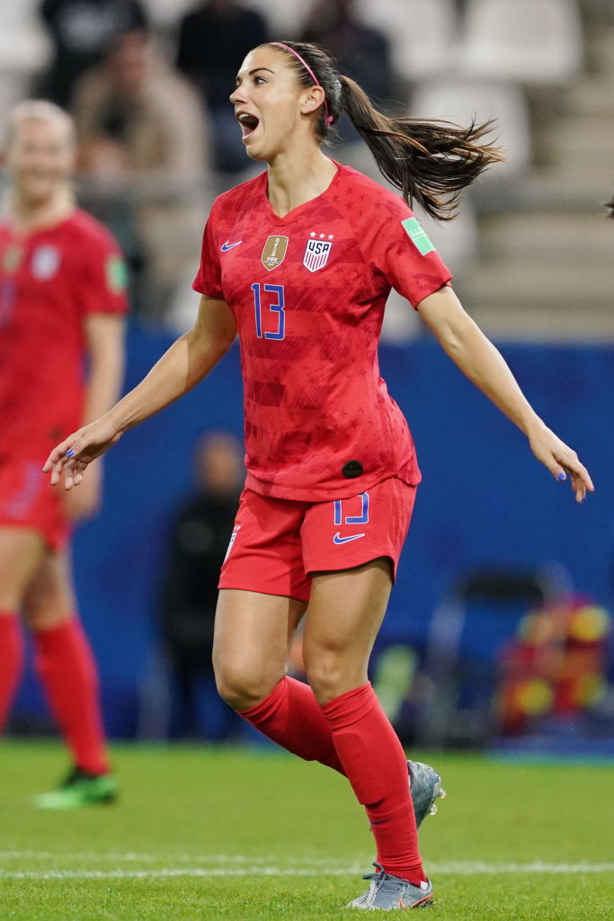 Alex Morgan of the USA celebrates her goal during the 2019 FIFA Women's World Cup France group F match between USA and Thailand at Stade Auguste Delaune on June 11, 2019 in Reims, France. (Daniela Porcelli—Getty Images)