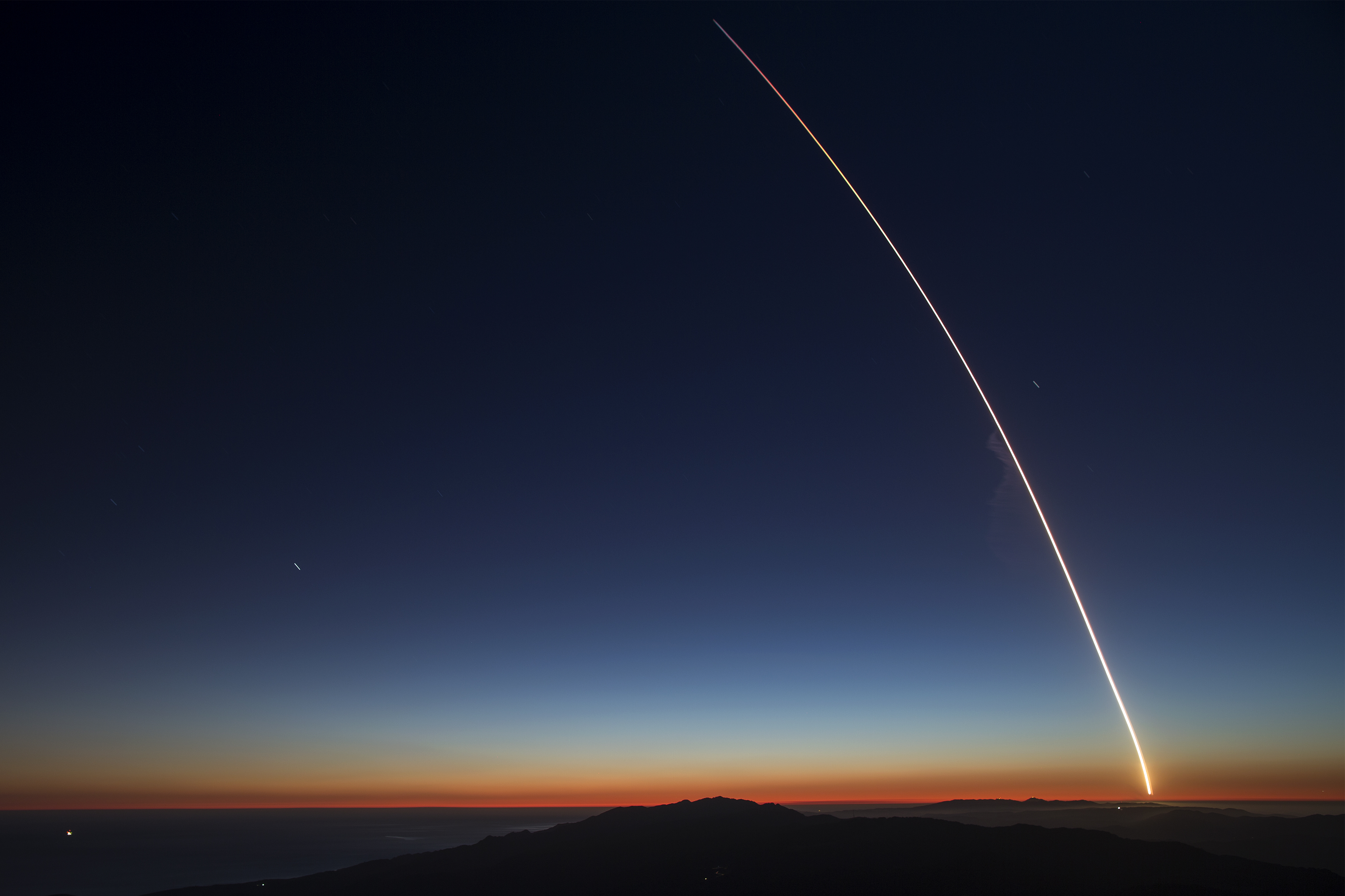 The SpaceX Falcon 9 rocket launches from Vandenberg Air Force Base carrying the SAOCOM 1A and ITASAT 1 satellites, as seen during a long exposure on October 7, 2018 near Santa Barbara, California. (David McNew&mdash;Getty Images)