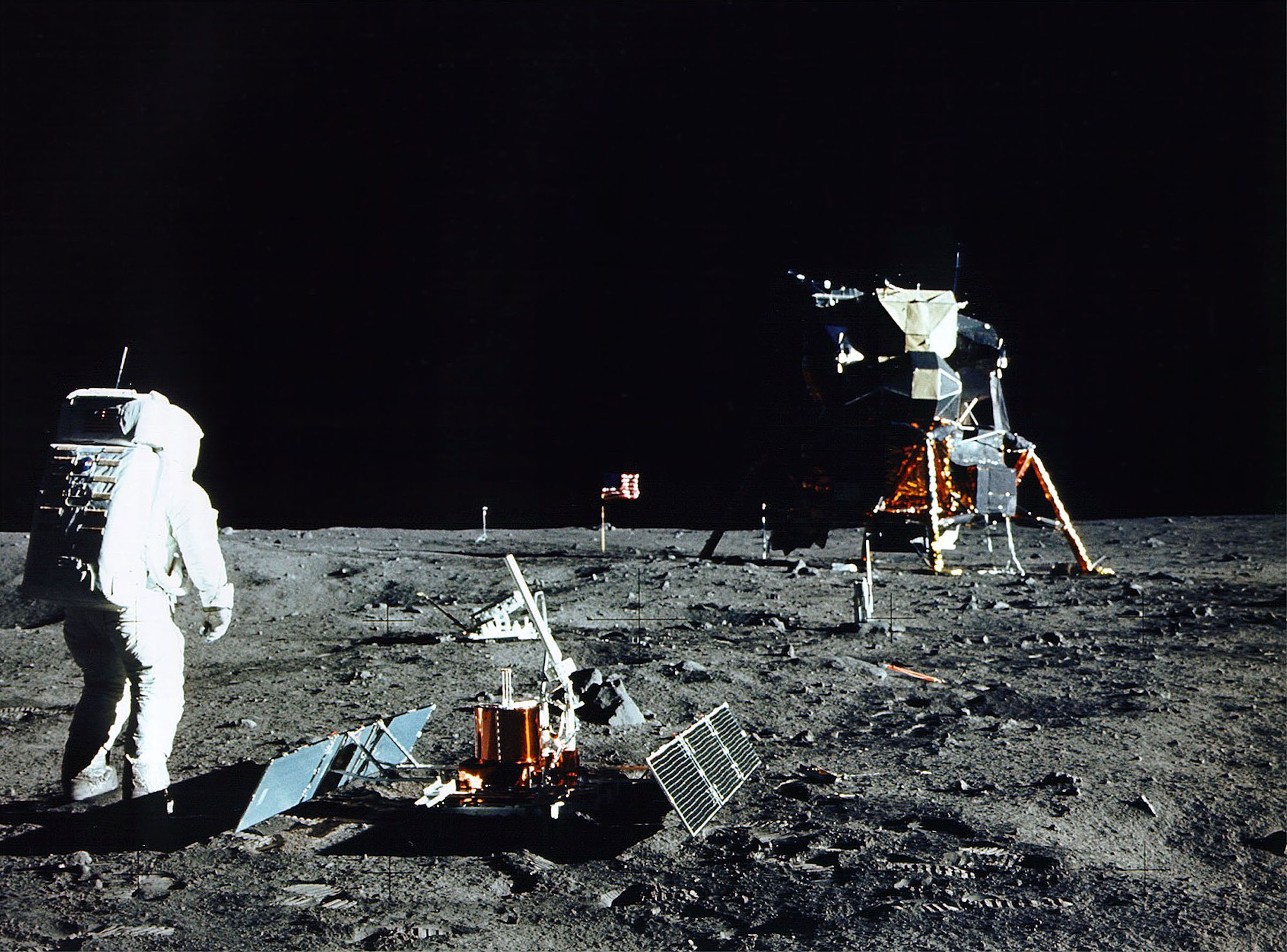 Astronaut Edwin E. Aldrin Jr., Apollo 11 Lunar Module Pilot, stands near a scientific experiment on the lunar surface. (NASA/Getty Images)