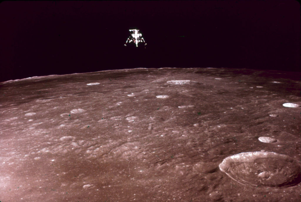 View, during NASA's Apollo 12 mission, of the 'Intrepid' Lunar Module as it descends to the surface of the moon, November 19, 1969. (Interim Archives—Getty Images)