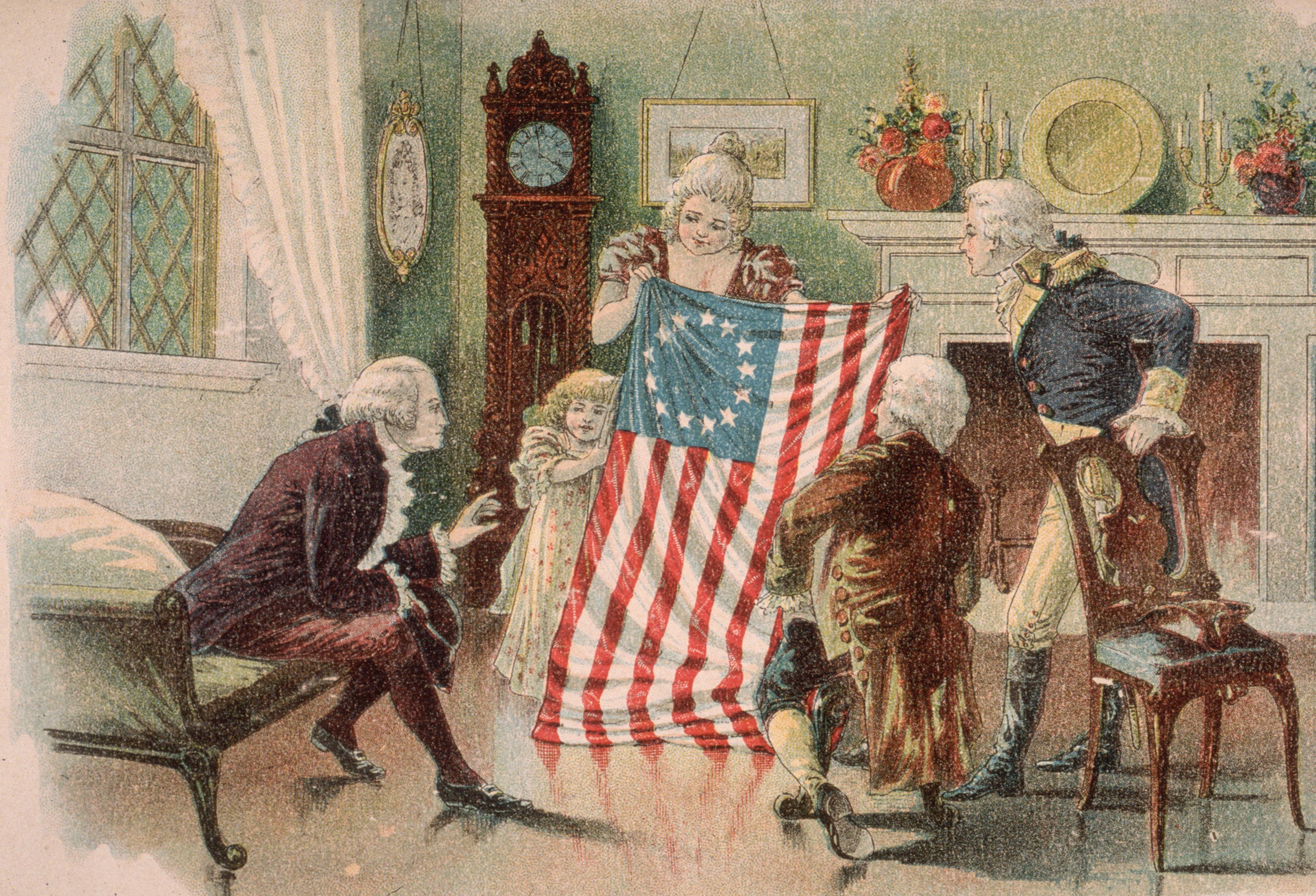 American seamstress Betsy Ross showing the first design of the American flag to George Washington in Philadelphia. (Hulton Archive&mdash;Getty Images)