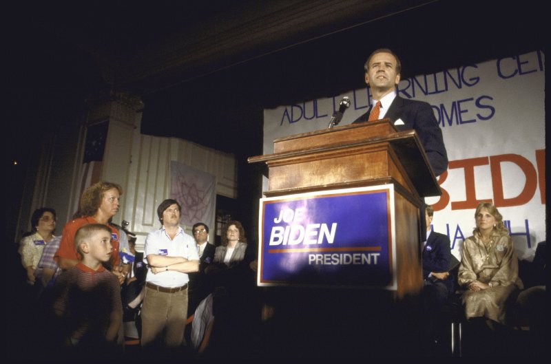 Sen. Joseph R. Biden Jr. announcing his bid for 1988 Democratic presidential nomination as wife Jill (R) looks on. Steve Liss—The LIFE Images Collection via Getty Images